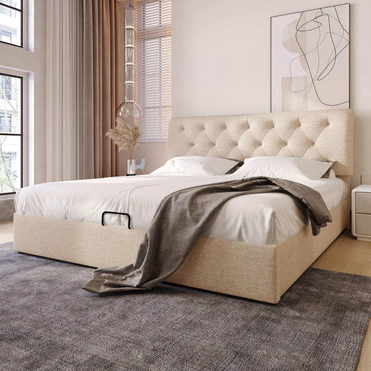 BETT mit Bettkasten und verstellbarem Kopfteil 140x200 cm Leinen Natur - Beige, Metall (140/200cm) - Meubliv