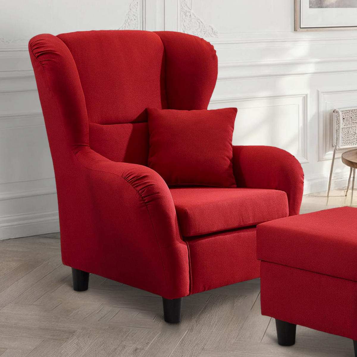 OHRENSESSEL mit HOCKER, hoher Sitzkomfort durch Wellenunterfederung B90/H98/T76 cm, Strukturstoff Rot / 18002 - Rot/Schwarz, Holz/Textil (90/98/76cm) - luma-home