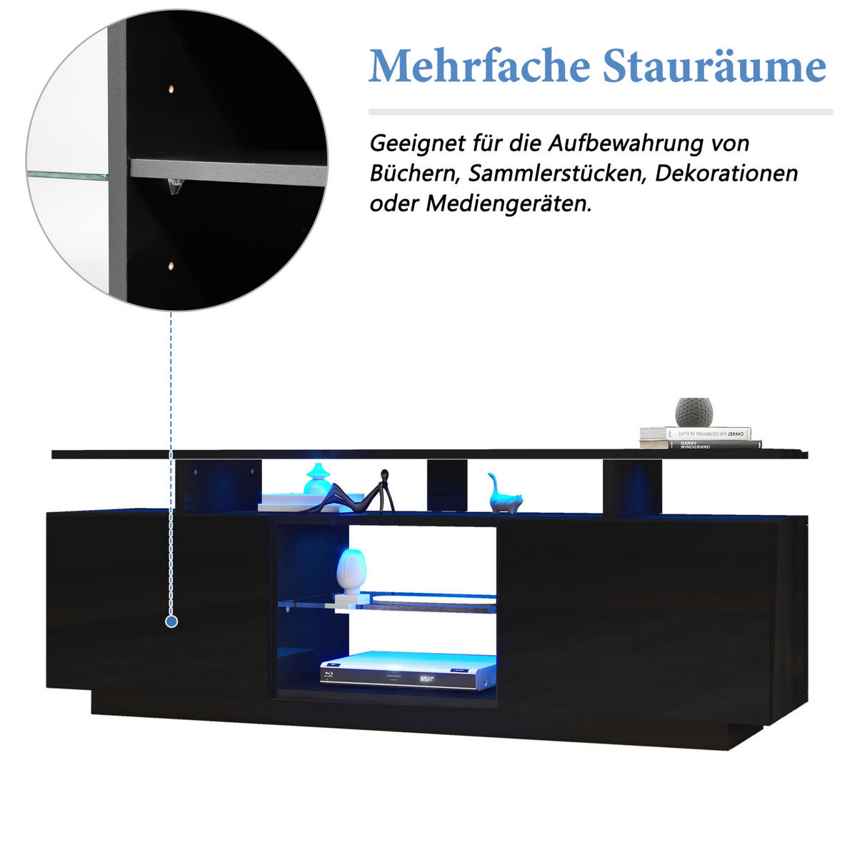 TV-SCHRANK 140/35/55 cm aus Spanplatte mit App-gesteuerter LED-Beleuchtung, 2 Hochglanz-Türen und 5 offenen Fächern, Schwarz - Schwarz, Holzwerkstoff (140/55/35cm) - Redom