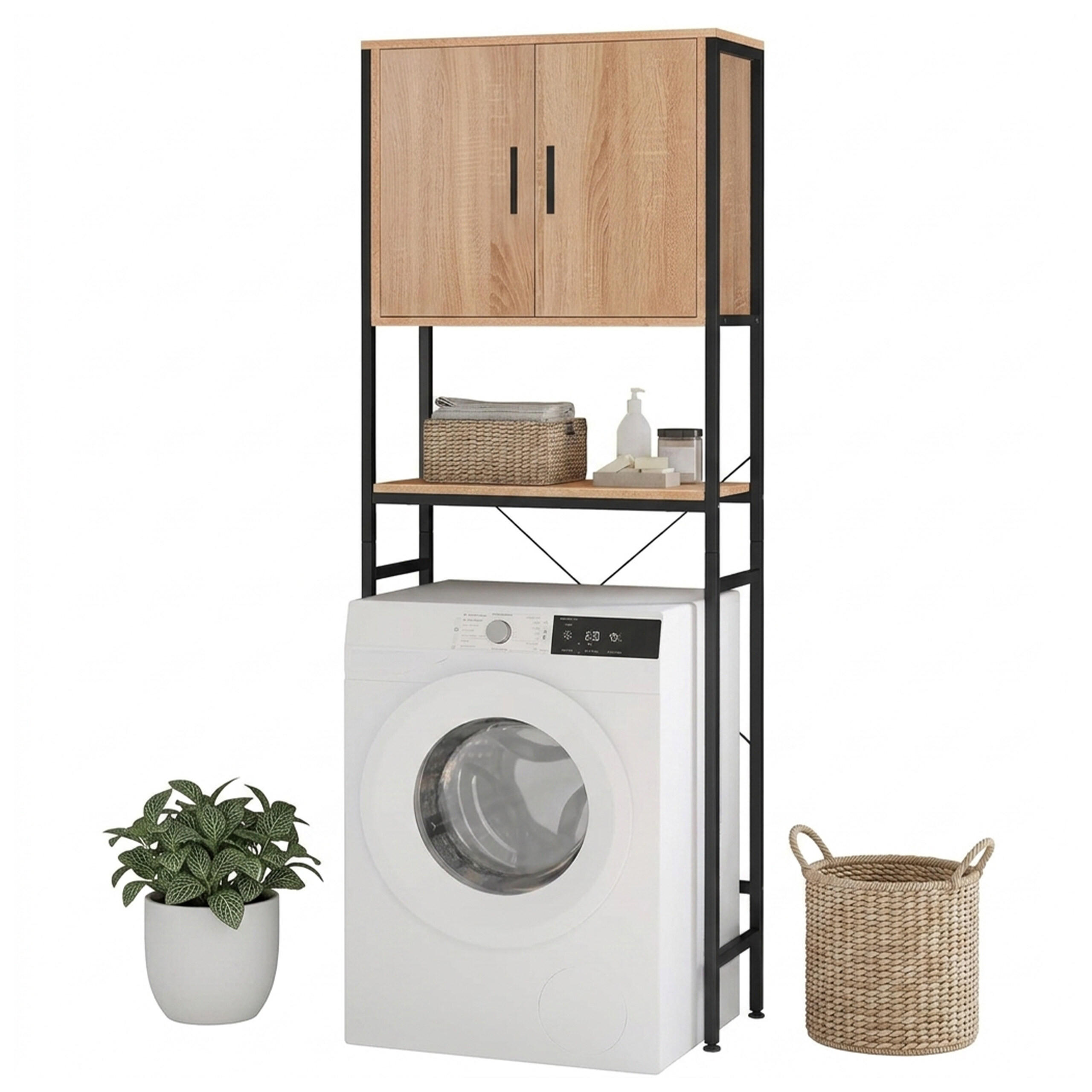 WASCHMASCHINENSCHRANK Schwarz 2 Türen 170x64,5x27 cm - Multicolor, Holzwerkstoff/Metall (64.5/170/27cm) - Relaxdays