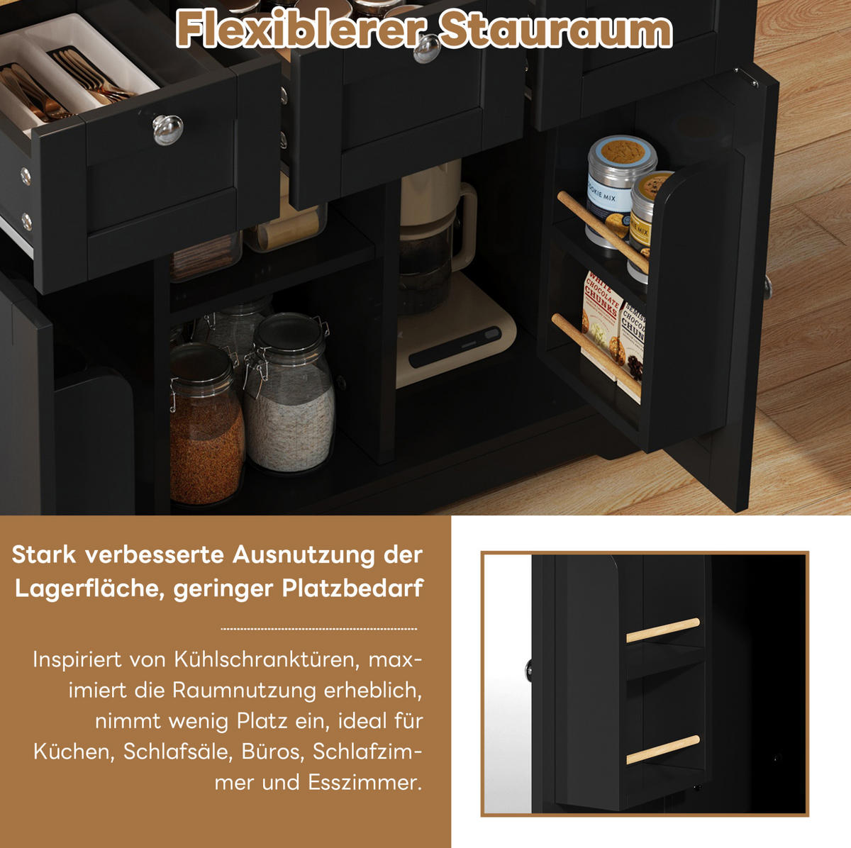 KÜCHENINSEL 132/40(70)/87 cm mit ausziehbarer Arbeitsplatte, Stauraum, Steckdose, USB und Rollen aus MDF, Natur/Schwarz - Schwarz, Holzwerkstoff (132/87/70cm) - Redom
