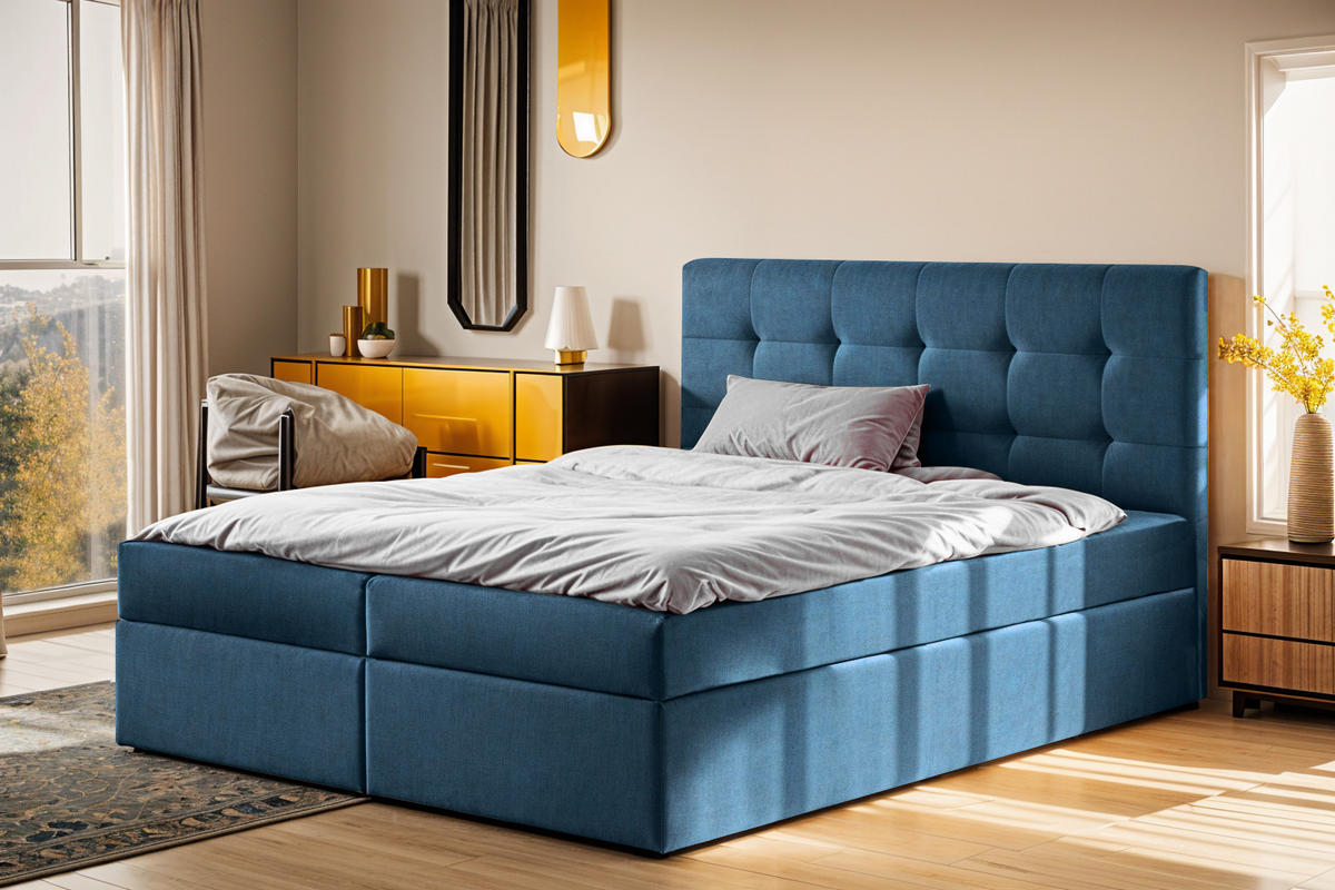 BOXBETT Mit Matratze Und Bettkasten LUDANO Stoff Noel Blau 180x200 cm H3-Bonell - Blau, Holz (180/200cm) - Kaiser Möbel