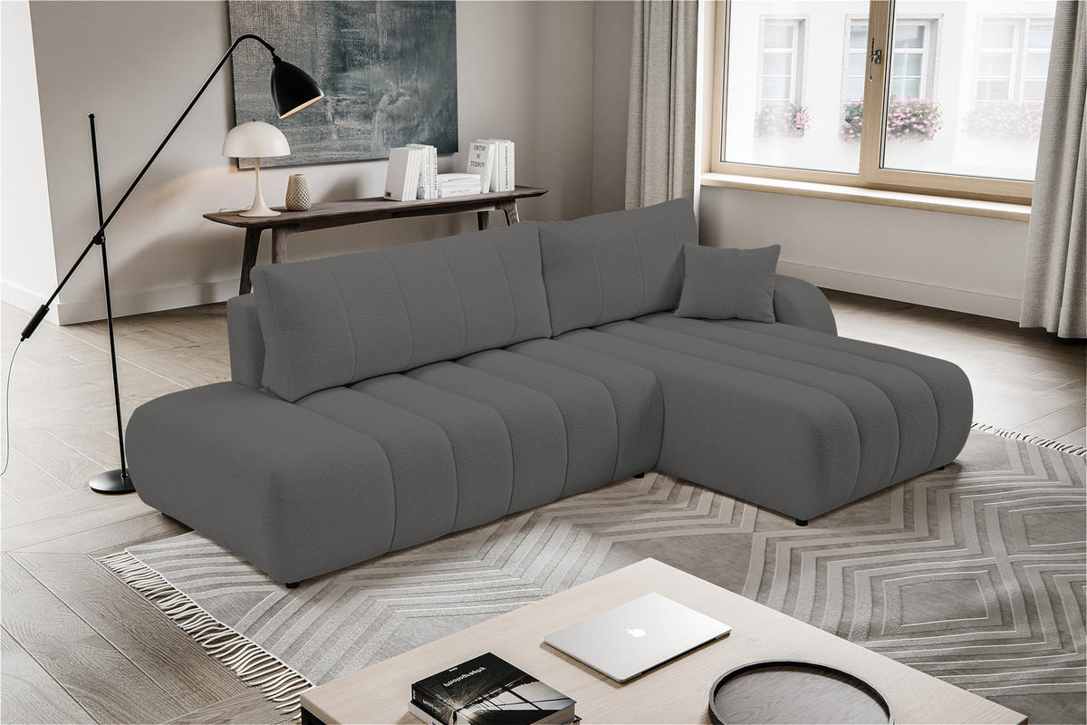 ECKSOFA Baloo mit Schlaffunktion und Bettkasten, komfortable Polsterung, Stoffbezug, lose Rückenkissen, freistehend, RECHTS, 276x176x88 cm, Dark grey - Dunkelgrau, Holz/Textil (276/176cm) - DomoHome