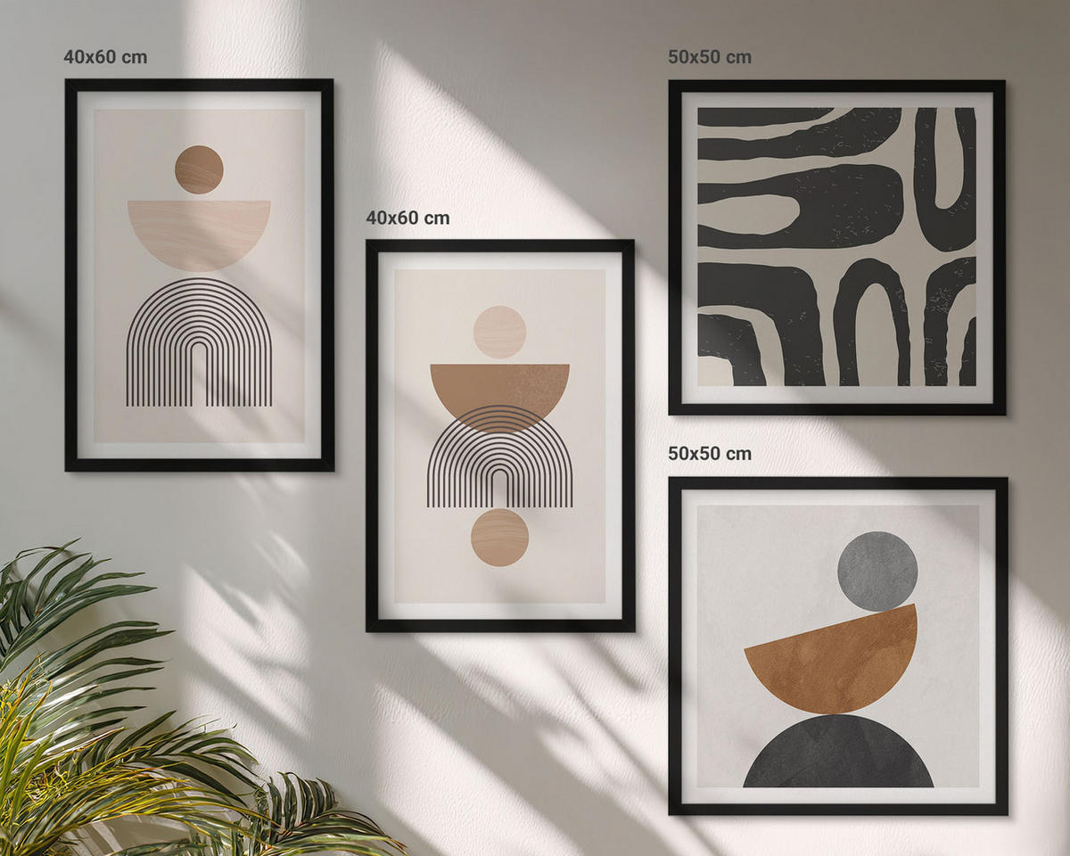 WANDBILDER 4er-Set - 50x50 cm & 40x60 cm Schwarzer Rahmen - Abstraktes Boho-Design - Schwarz, Kunststoff (50/50cm) - ArtPrintCave