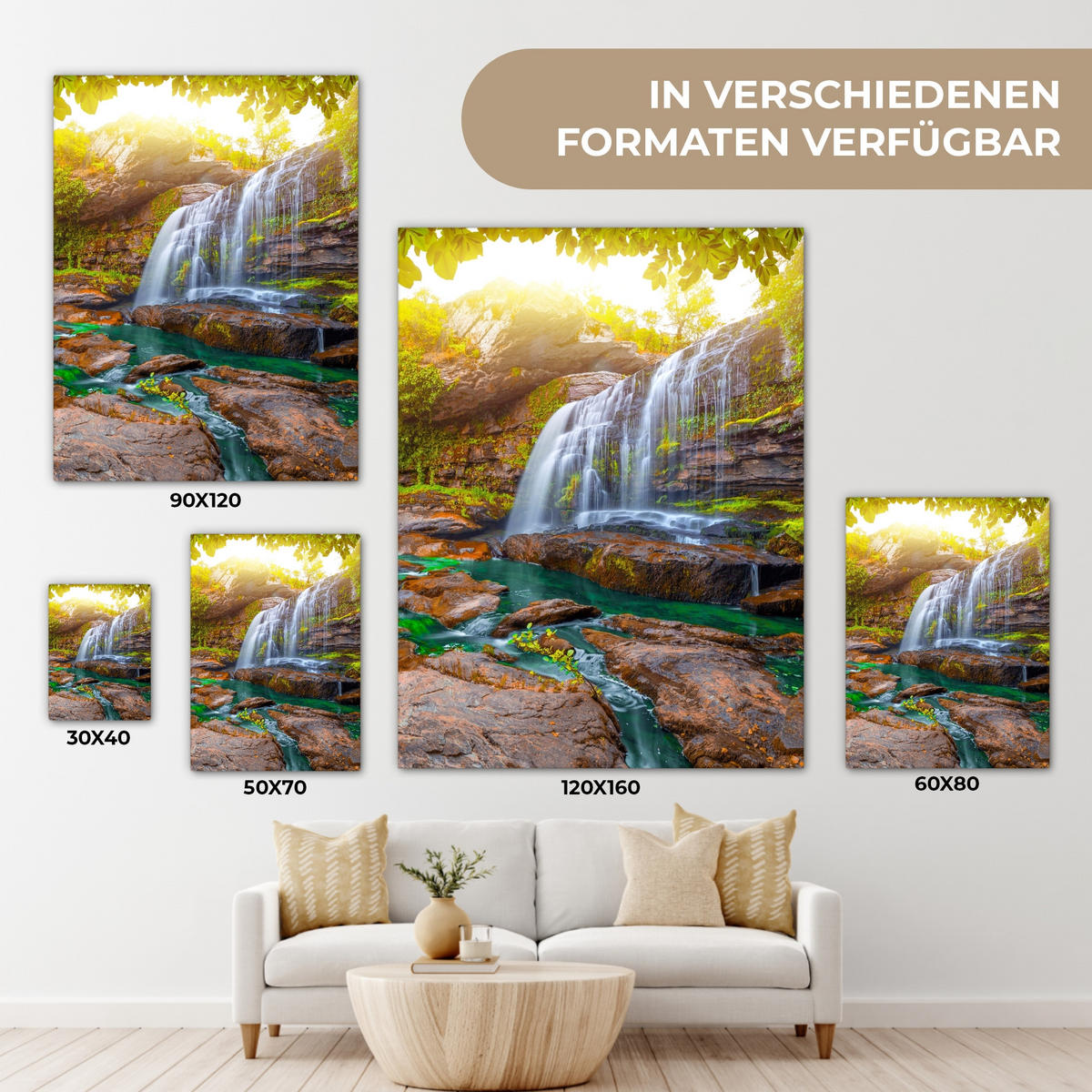 LEINWANDBILD Natur - Wasserfall - Pflanzen - Bäume - Sonne 30x40 cm - Olivgrün, Textil (30/40cm) - MuchoWow