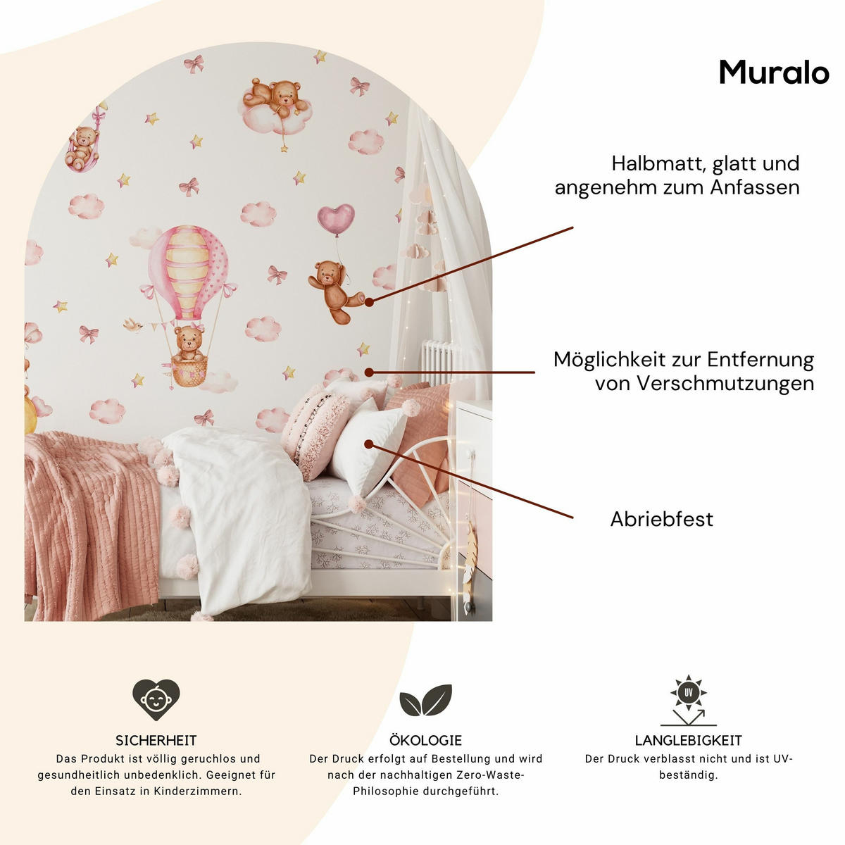 WANDSTICKER Teddybären rosa Wolken Sterne Ballons 60x30 - Gelb/Beige, Papier (60/30/1cm) - Muralo