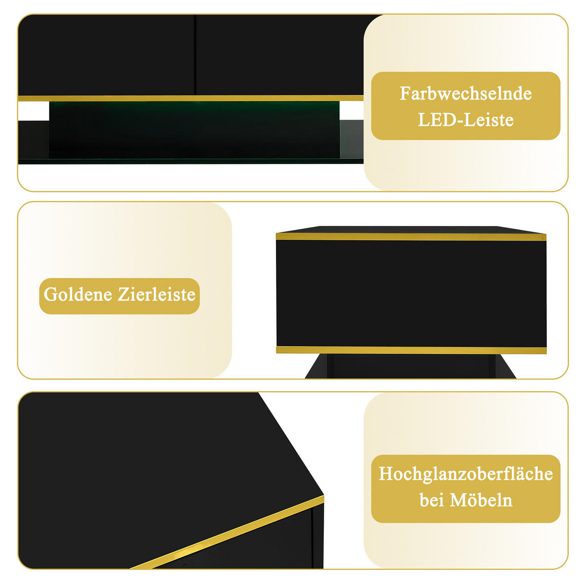 COUCHTISCH LED Hochglanz Schwarz-Gold - Schwarz, Holzwerkstoff (100/50/40cm) - ComfortXL