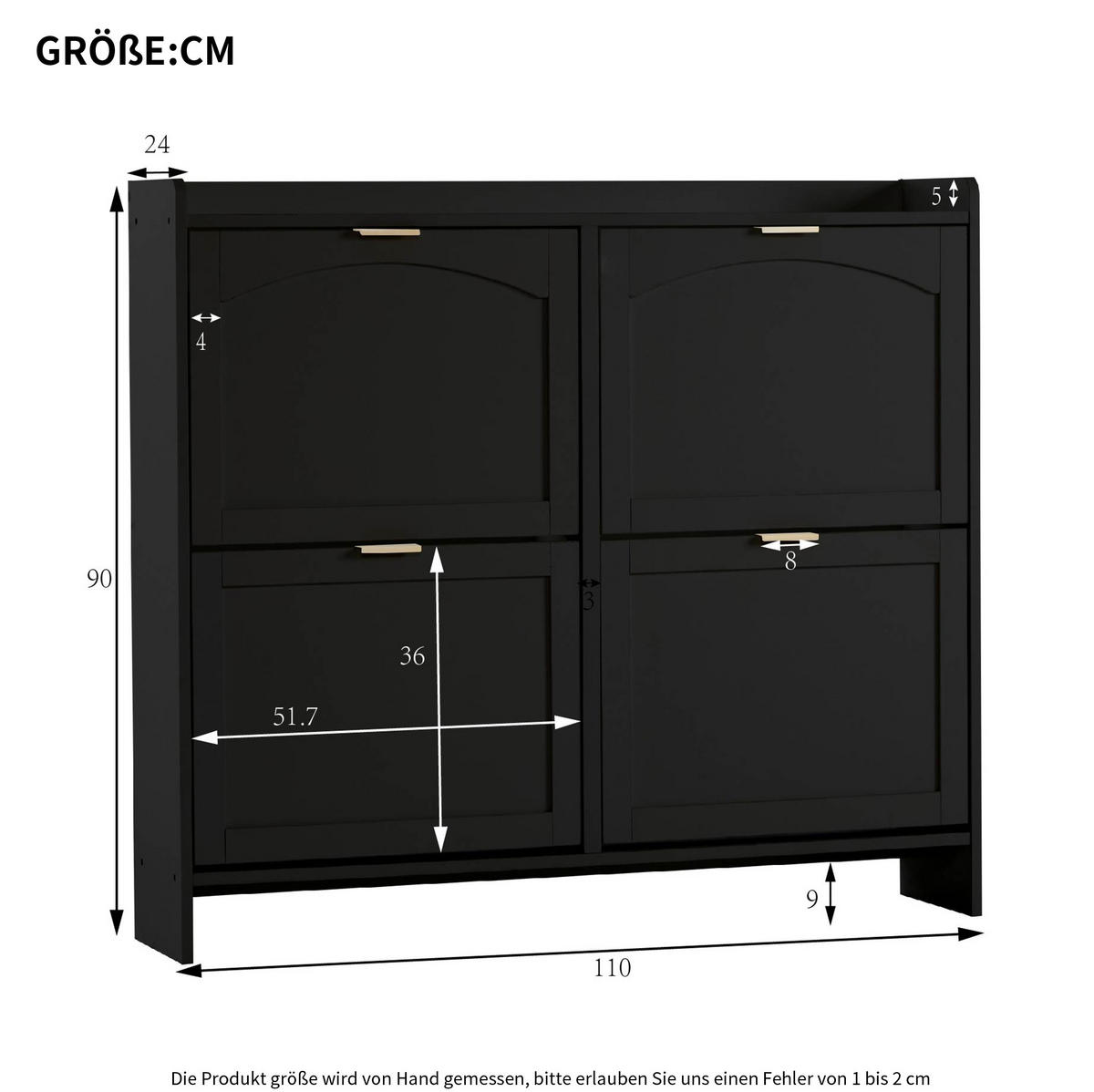 SCHUHSCHRANK 110/24/90 cm mit 4 Klappenfächern, offenen Ablagen und verstellbaren Einlegeböden aus Spanplatte, Schwarz - Schwarz, Holzwerkstoff (110/90/24cm) - Redom