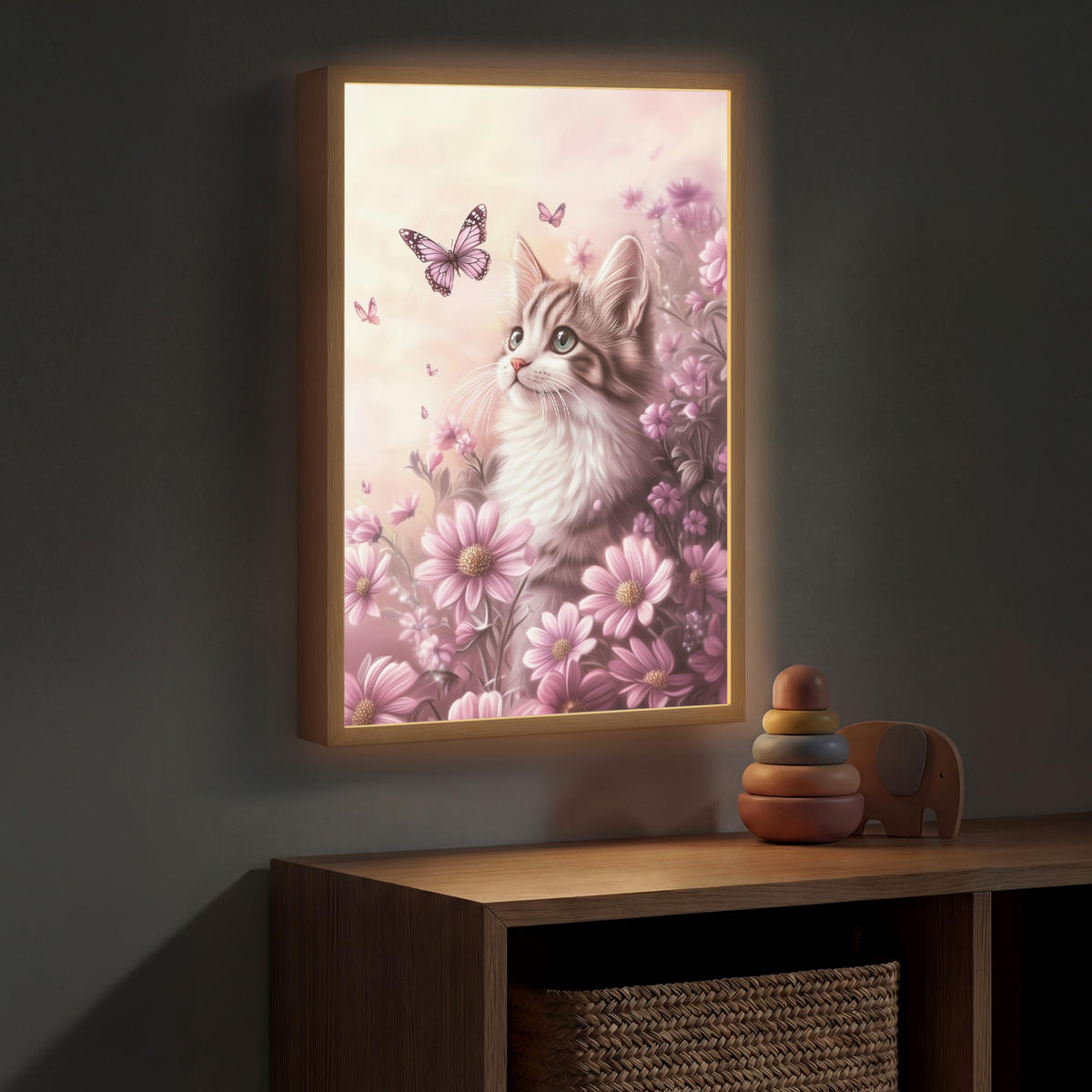 NACHTTISCHLAMPE MIT AKKU Kätzchen - Blumen - Schmetterlinge - Lila 40x60 cm - Altrosa, Holzwerkstoff (8/40/60cm) - OnlyWow