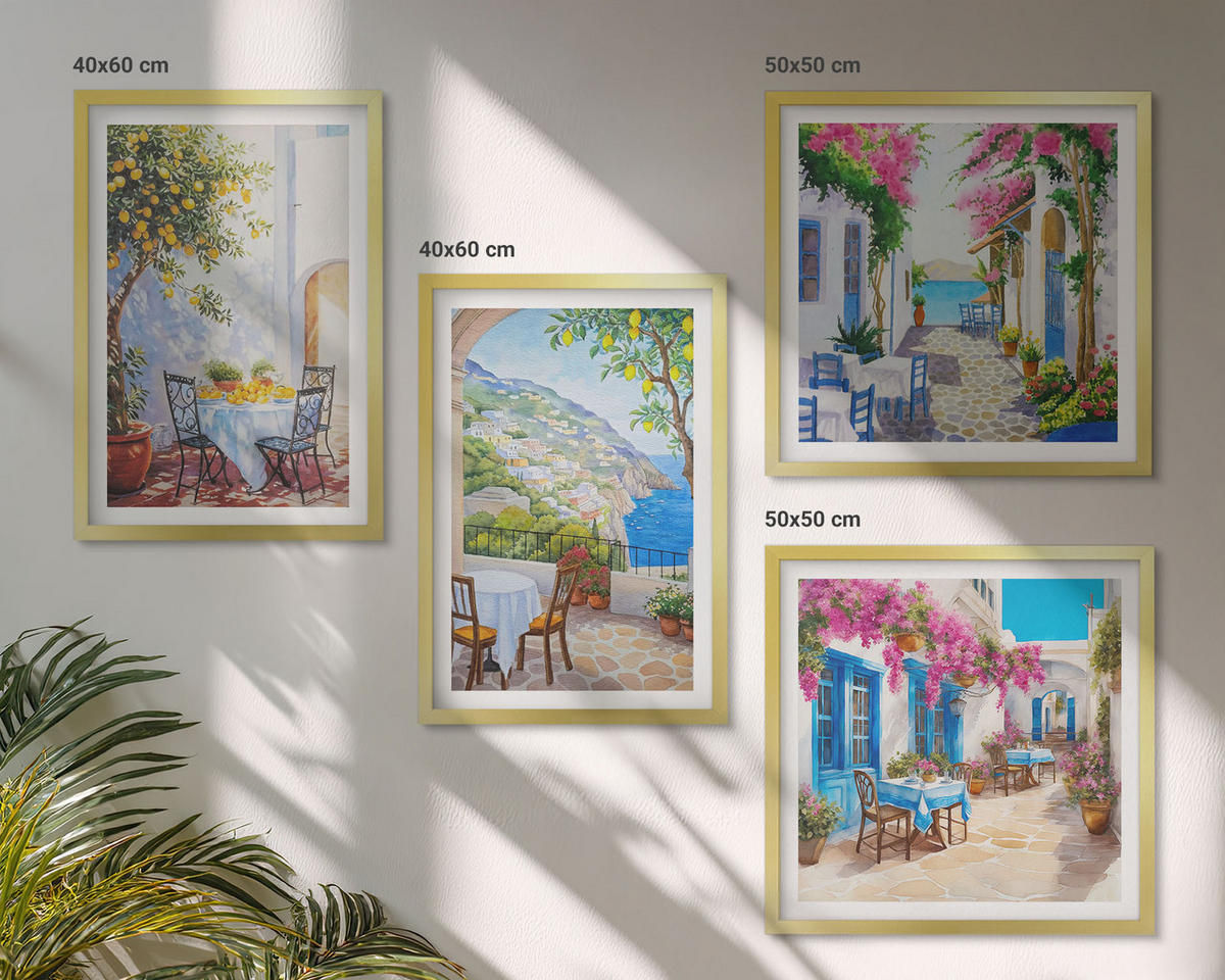 WANDBILDER 4er Set - 50x50 cm & 40x60 cm Goldrahmen - Charmante Straßen mit Pflanzen - Goldfarben, Kunststoff (50/50cm) - ArtPrintCave