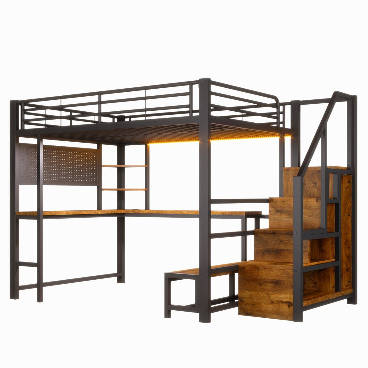 HOCHBETT 140/200 cm Schwarz mit Schreibtisch, trapezförmiger Schrank und LED-Beleuchtung - Schwarz, Metall (140/200cm) - Oxeza
