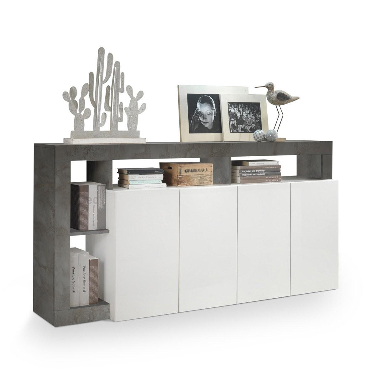 SIDEBOARD 4 Türen Frankfurt - L184 cm - Weiß/Grau, Holz/Holzwerkstoff (42/93/184cm) - Calicosy