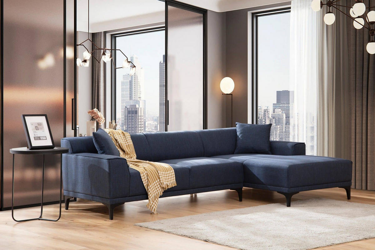 ECKSOFA modern inklusive Zierkissen - Blau/Schwarz, Holz/Kunststoff (145/250cm) - myHomelando
