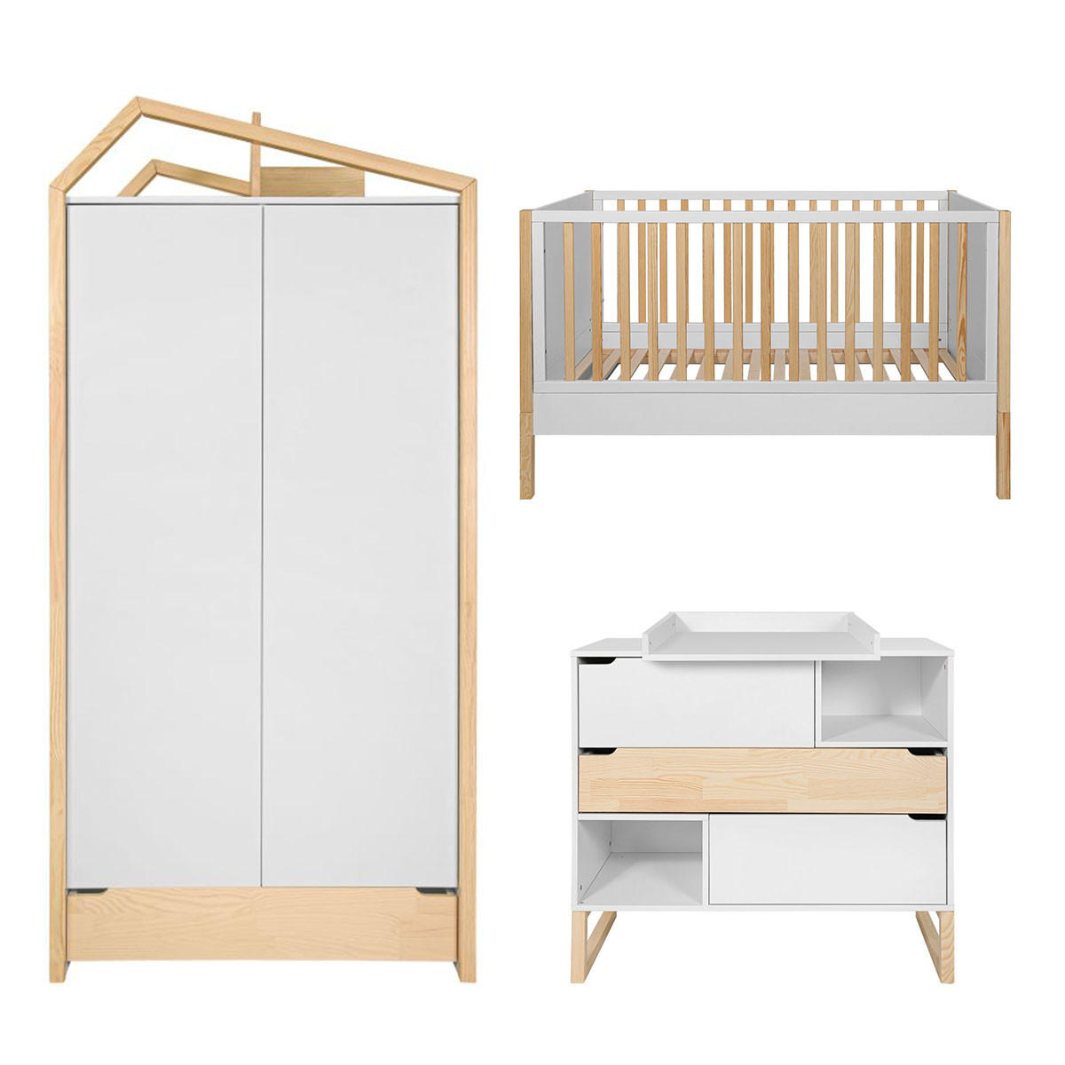 POKOJ PRO MIMINKO 3DÍLNÝ Juliette Bílá a dřevo - bílá, kompozitní dřevo (147.5/91.5/77.5cm) - Petits-meubles