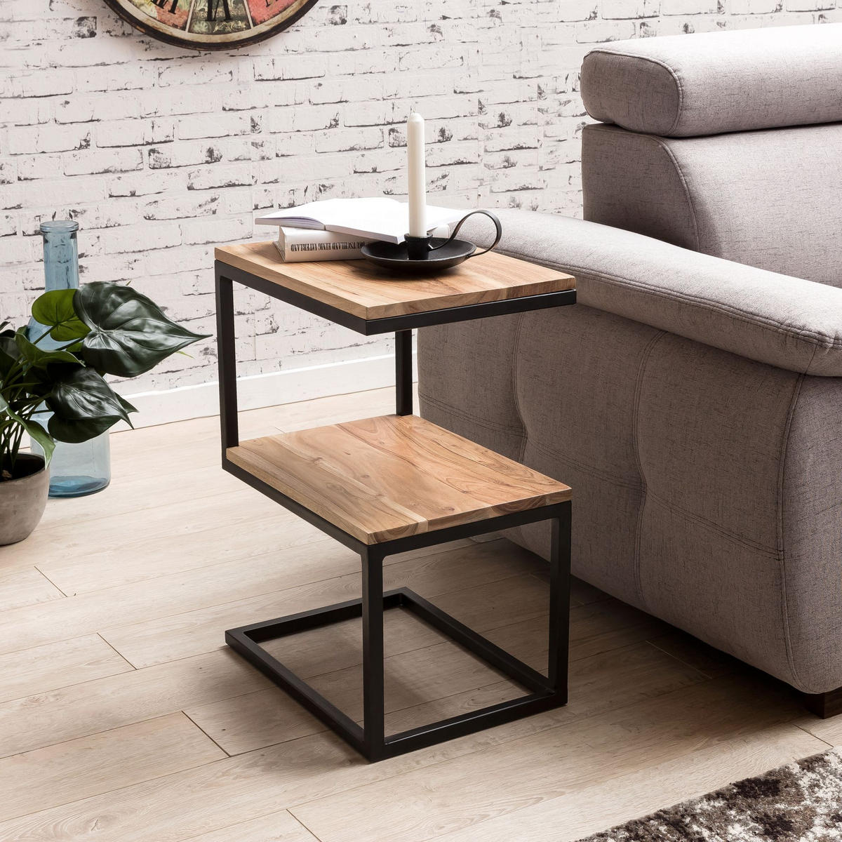 BEISTELLTISCH Massivholz S-Design Metallgestell Ablageflächen INDI, Beige 45x30x60 cm - Beige/Schwarz, Holz/Metall (30/45/60cm) - KADIMA DESIGN