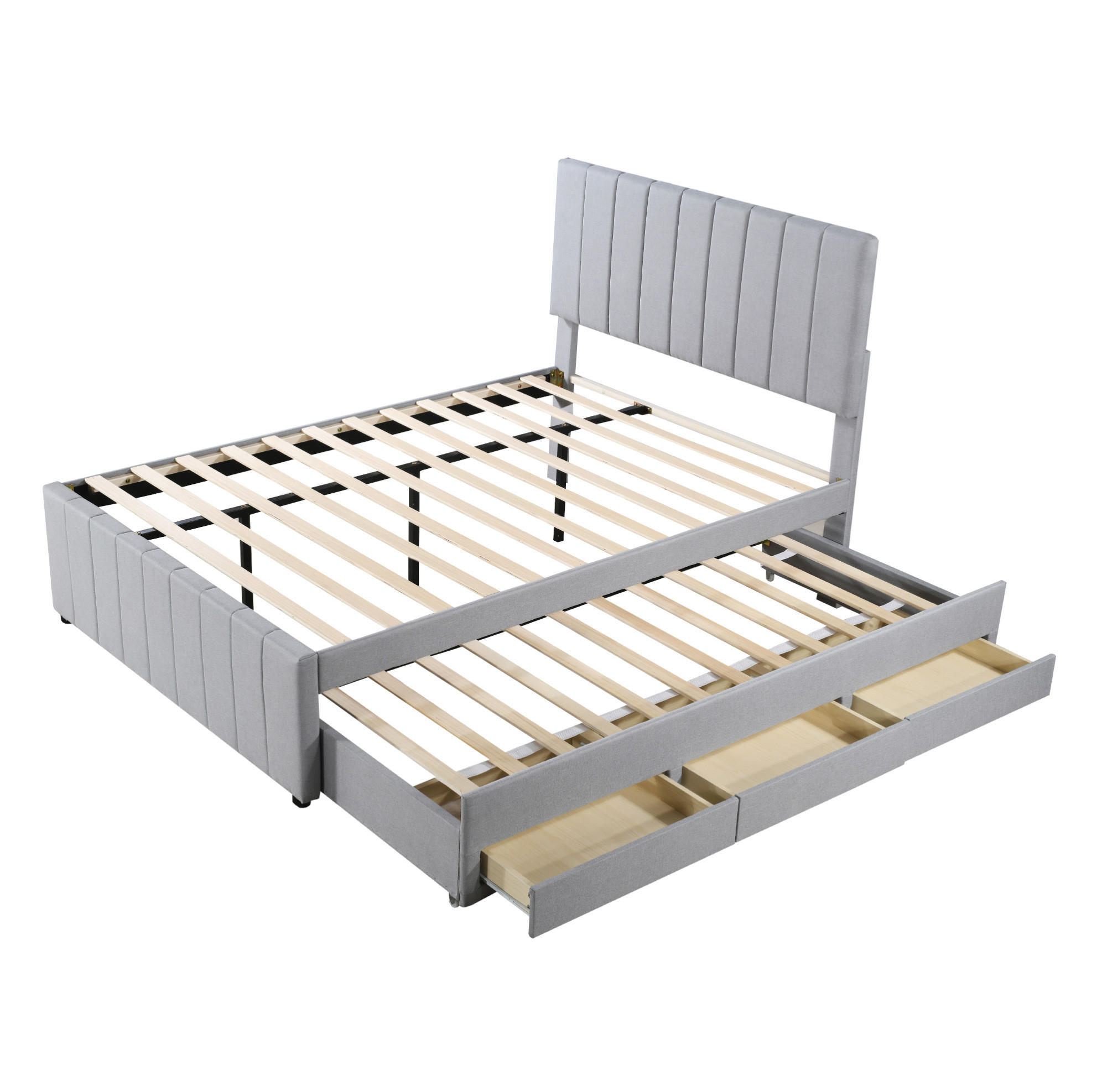 POLSTERBETT 140/200 cm grau mit Ausziehbett und Schubladen - Grau, Textil (140/200cm) - OKWISH