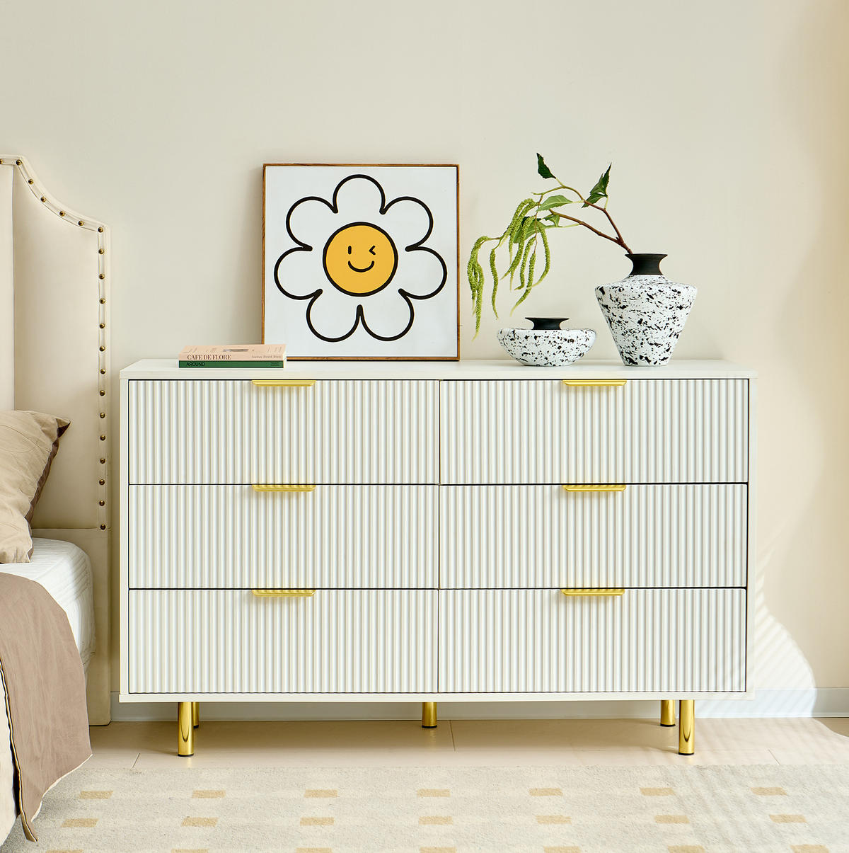 KOMMODE 120/40/72 cm mit 6 Schubladen, MDF mit goldfarbenen Metallbeinen, Weiß - Weiß, Holzwerkstoff (120/72/40cm) - Redom