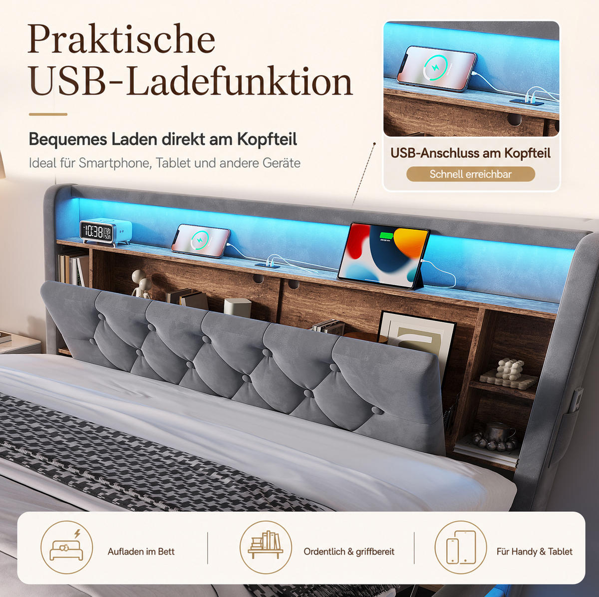 POLSTERBETT aus Samt 160x200 cm Dunkelgrau mit LED-Beleuchtung, USB-C, Bettkasten und Lattenrost - Dunkelgrau, Textil (160/200cm) - Modfu