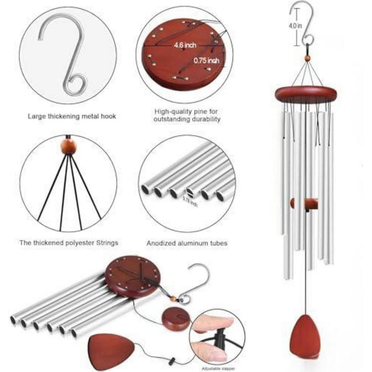 WINDSPIEL Aluminium 65 cm Silber 6 Röhren - Silberfarben, Metall (65/10/10cm)