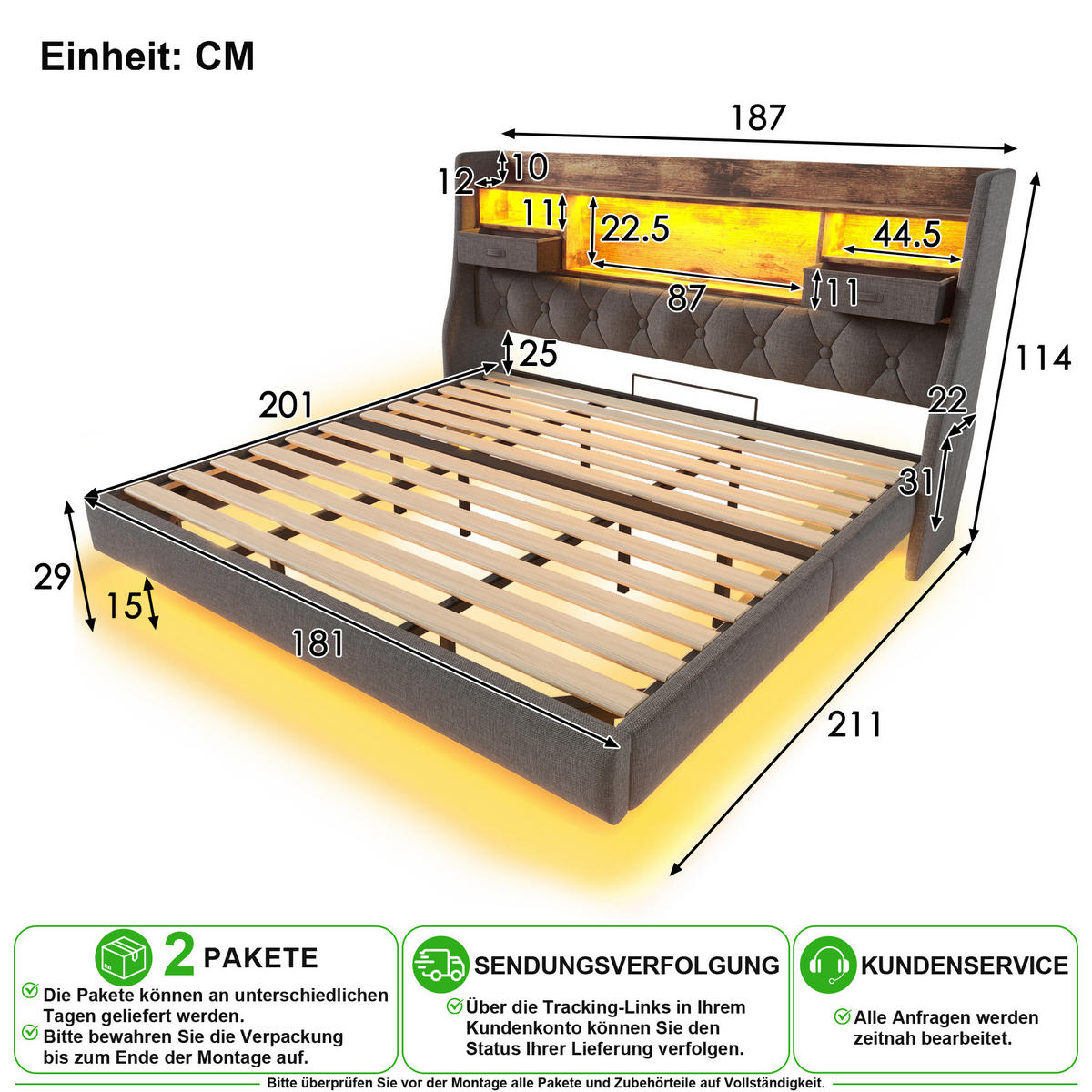 POLSTERBETT 180/200 cm in Grau Leinen mit LED, USB, Type-C und Kopfteilregal - Grau, Holzwerkstoff/Textil (180/200cm) - CHICFURN
