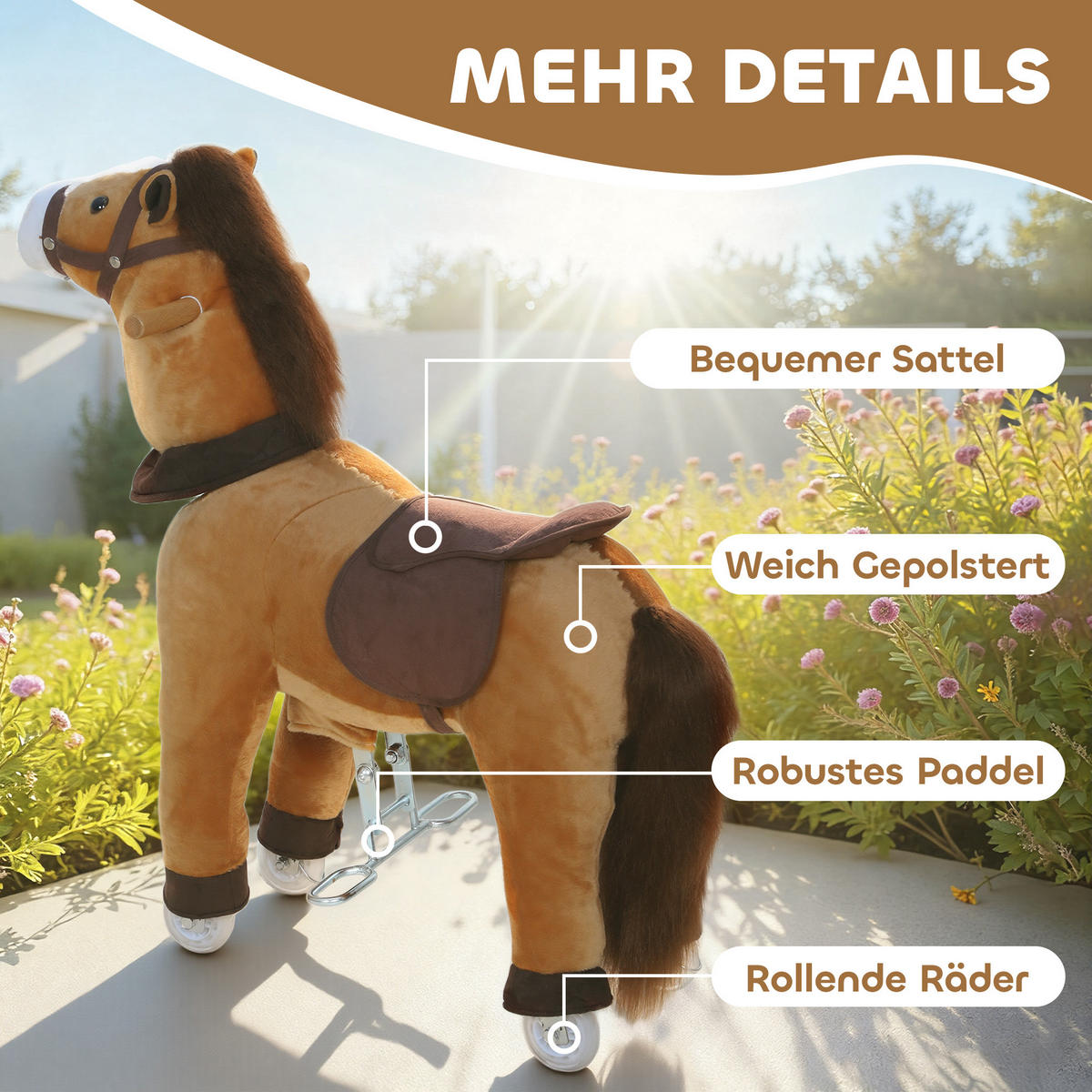 REITPFERD Spielpferd zum Reiten mit Sattel Rollen 75 cm Stehpferd Plüschpferd - Dunkelbraun, Textil (30/75/70cm) - AIYAPLAY