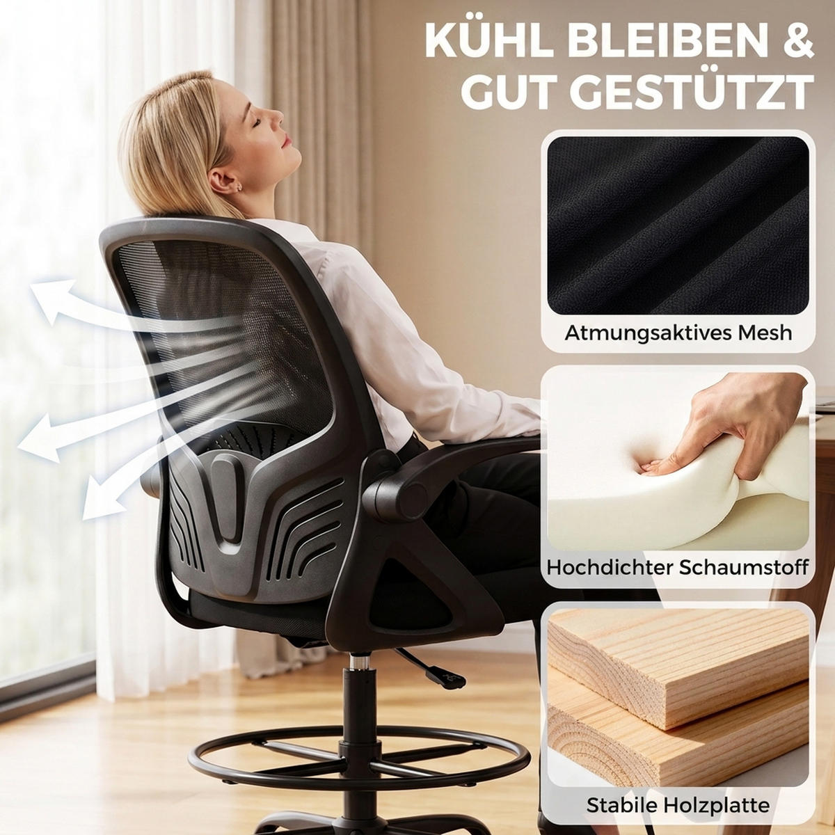ARBEITSSTUHL Netzgewebe Stahl Schwarz - Schwarz, Kunststoff/Textil (59/124/65cm) - HOMCOM