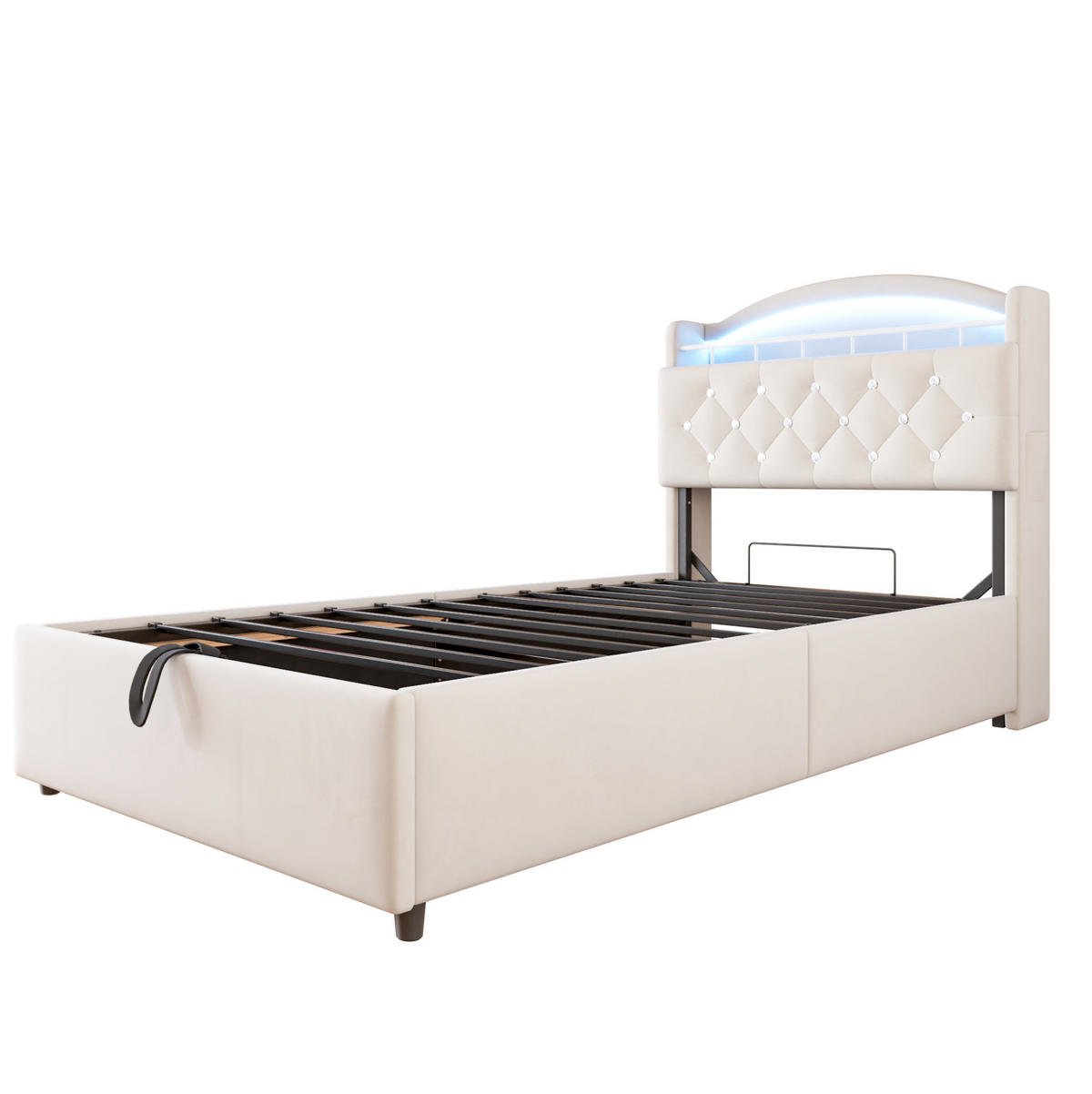 KINDERBETT Polsterbett 90/200 cm aus Samt mit Stauraum, LED und USB Beige - Beige, Textil (90/200cm) - Modenvie