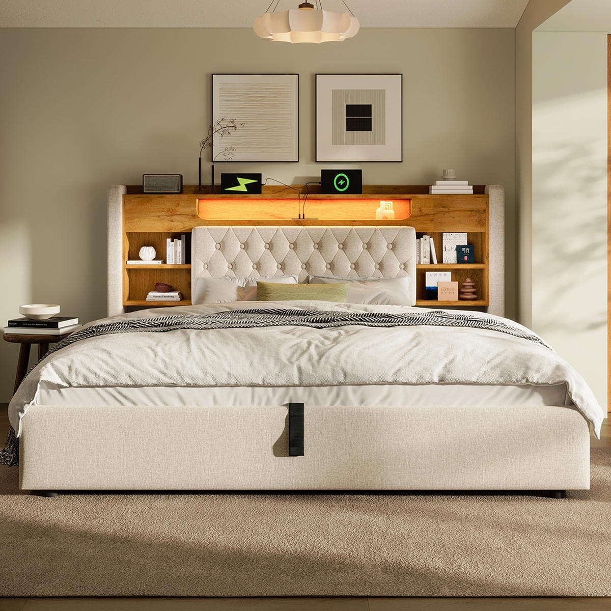 POLSTERBETT 140/200 cm Beige mit LED-Beleuchtung und Stauraum-Kopfteil - Beige, Textil (140/200cm) - Oxeza