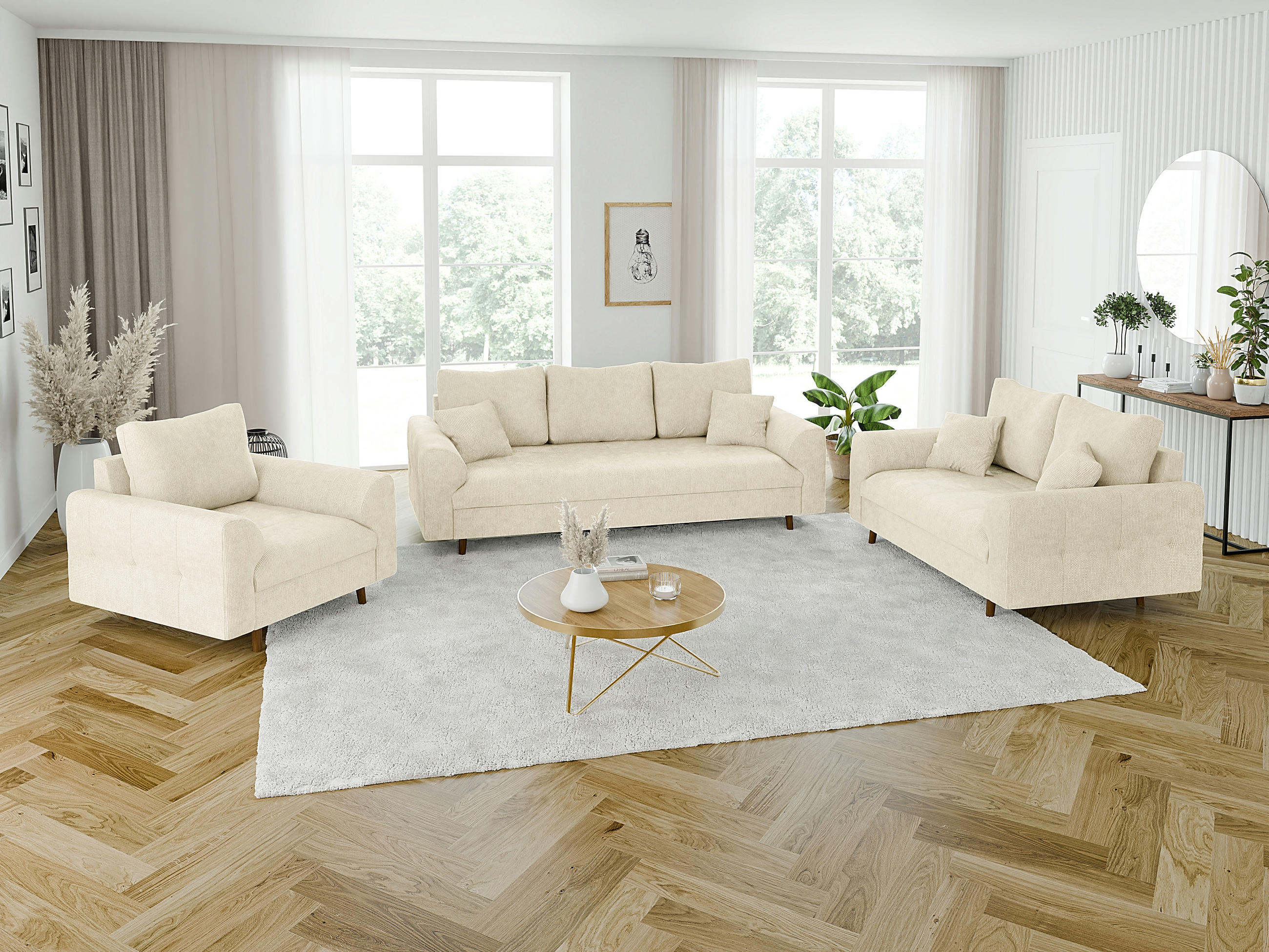 SITZGARNITUR 3+2+1 Sigurd Beige Chenille - Beige/Schwarz, Holz/Textil (210/81/93cm) - S-Style Möbel