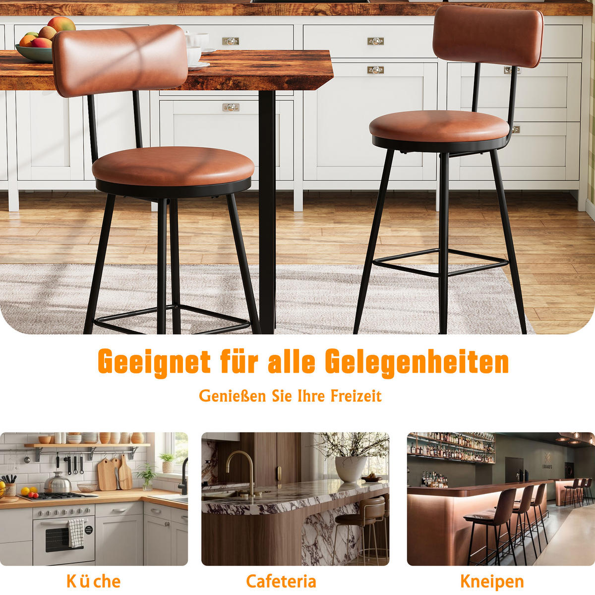 BARHOCKER 4er Set Metallgestell Kunstleder Rückenlehne Fußstütze 65 cm braun - Braun, Holz (38/85.5/38cm) - LEBENLANG