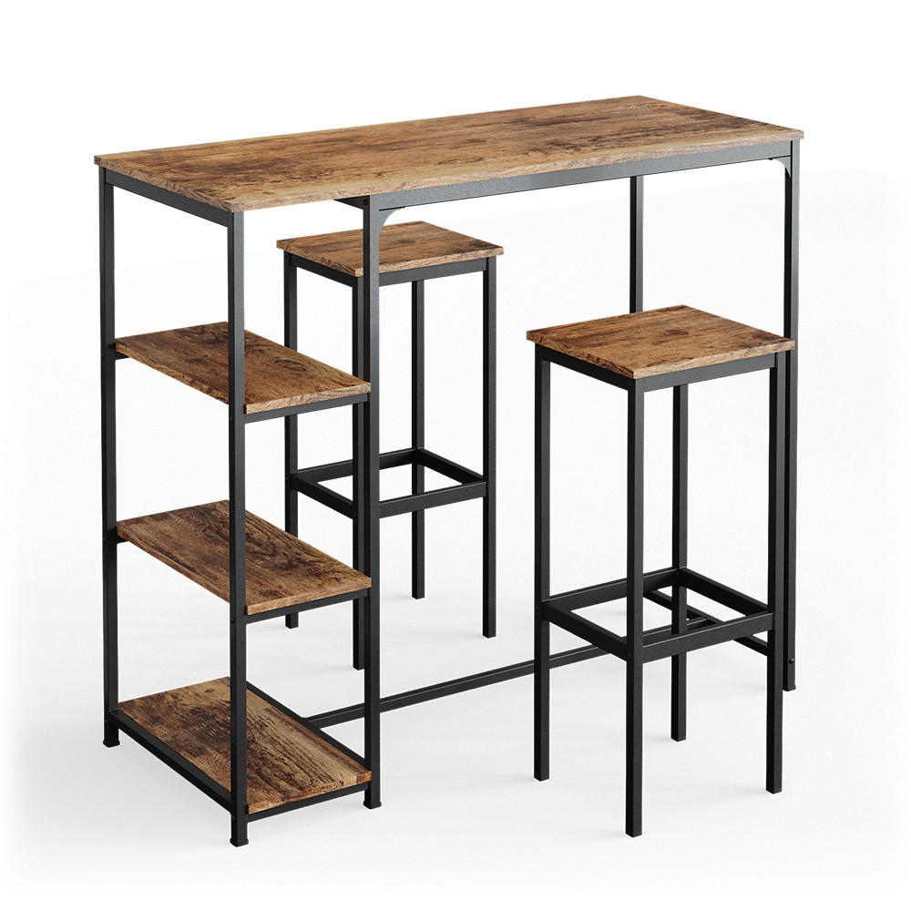 BARTISCH-SET Fyrk Antikholz 120 x 50 cm mit Regalen und 2 Barhockern - Eichefarben/Schwarz, Holzwerkstoff (120/105/50cm) - Vicco
