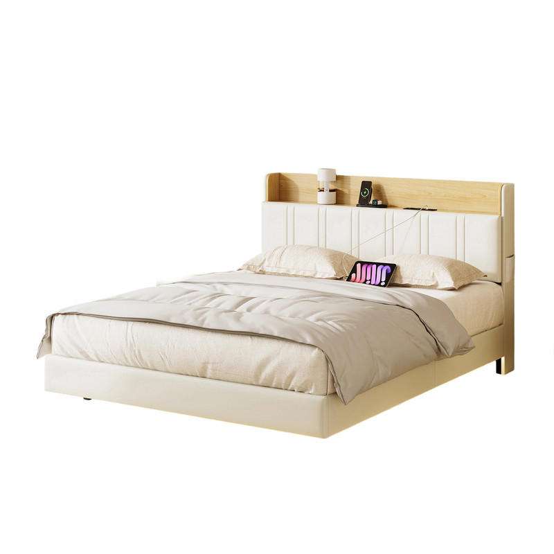 POLSTERBETT 160/200 cm PU Leder Holzoptik mit LED USB - Weiß, Holz