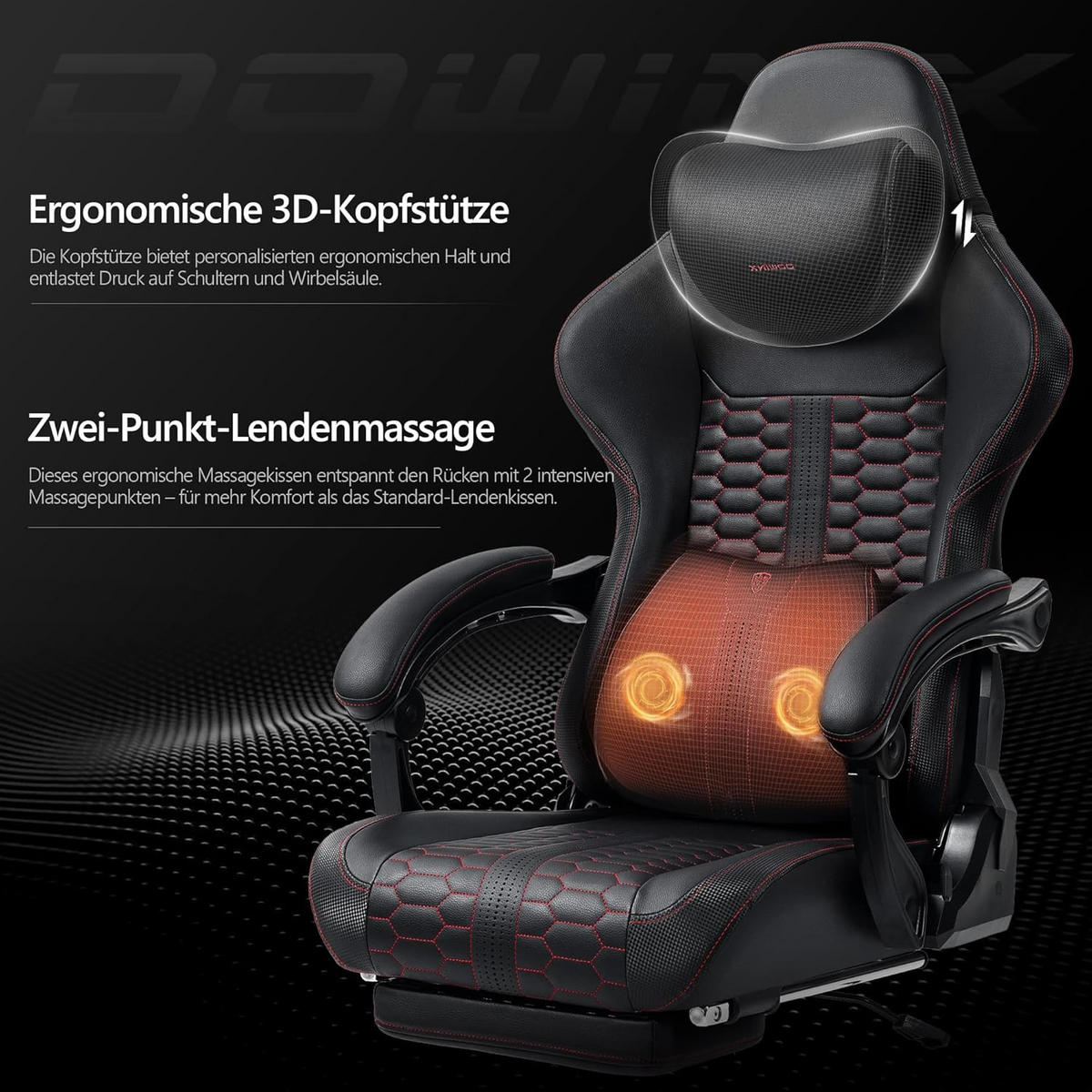 GAMING-STUHL & hoher Rückenlehne, Massagefunktion PU-Leder - Schwarz, Leder (61/117/61cm)
