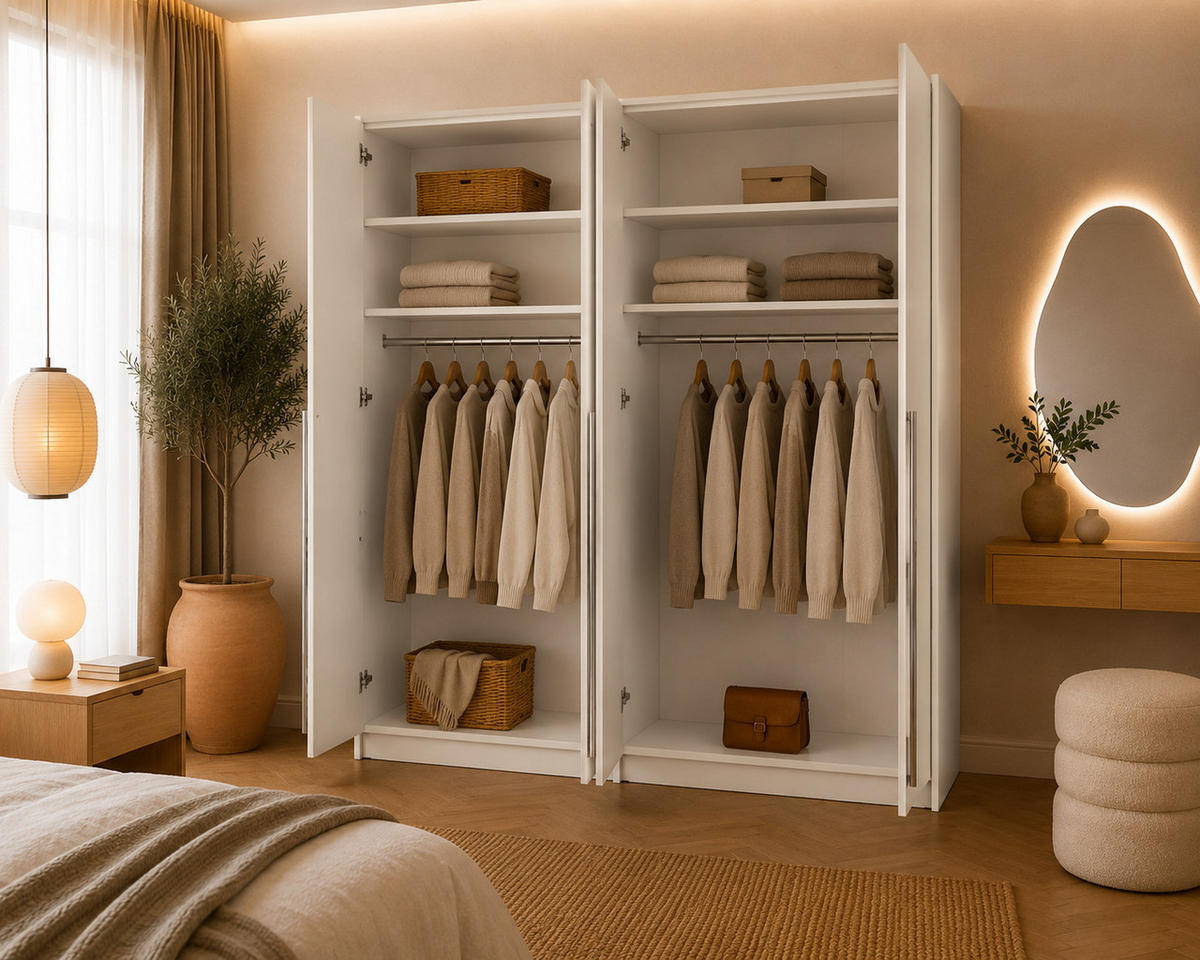 KLEIDERSCHRANK: Weiß / Griffe Silber, 210 x 65 x 217,2 cm - Silberfarben/Weiß, Holzwerkstoff (210/217.2/65cm) - 3XE LIVING
