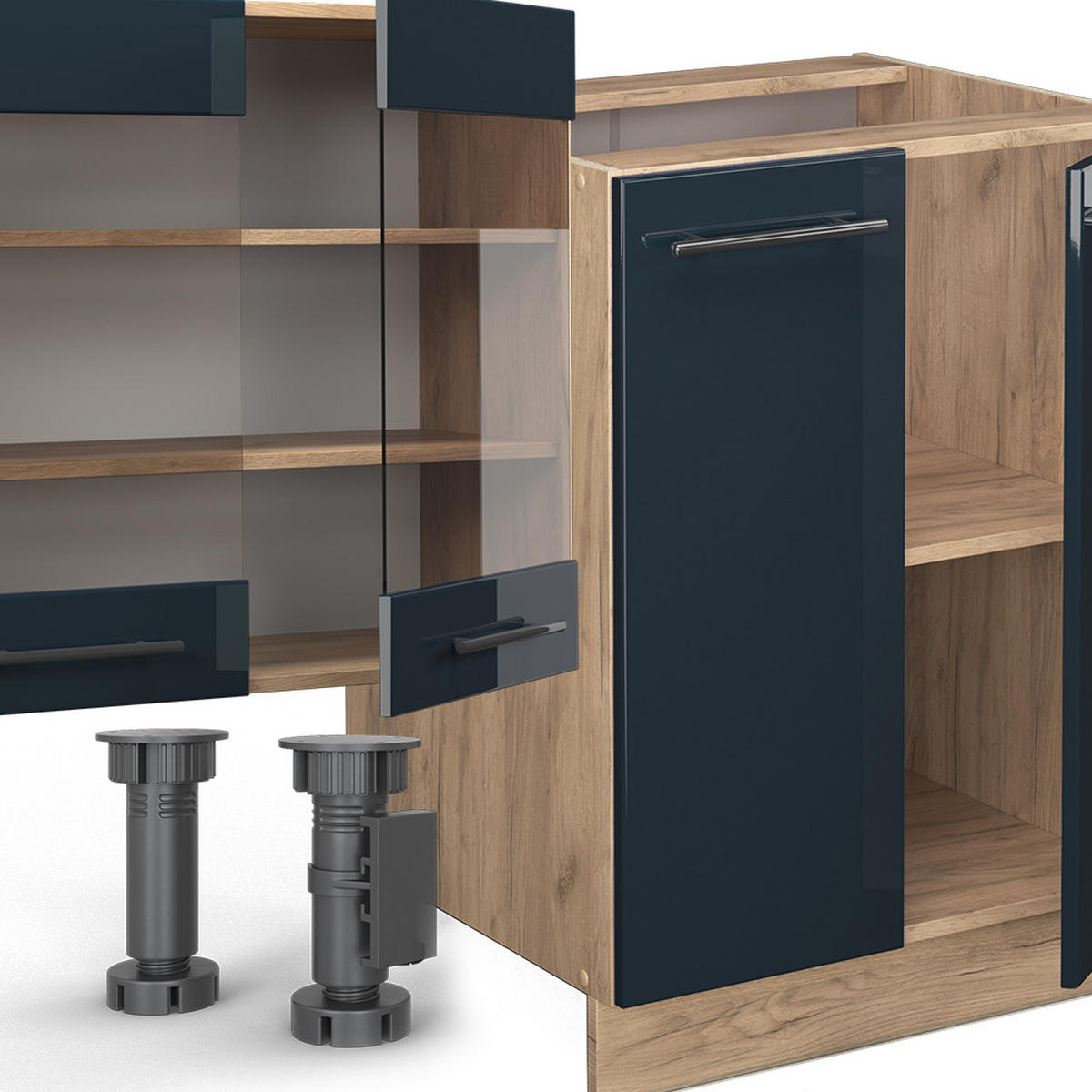 KÜCHENZEILE Fame-Line Dunkelblau Hochglanz/Goldkraft Eiche 300 cm AP Anthrazit - Eiche Wotan/Dunkelblau, Holzwerkstoff (300/81.6/60cm) - Vicco