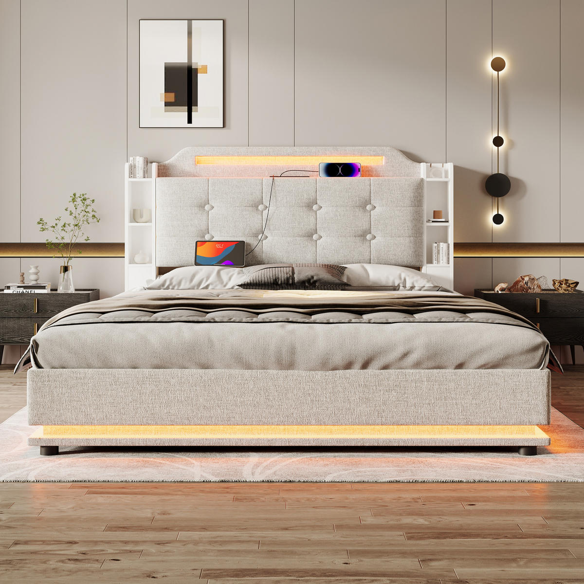 POLSTERBETT 140x200cm Beige Leinen LED-Licht Hydraulik USB-C - Beige, Holz (140/200cm) - FLIEKS