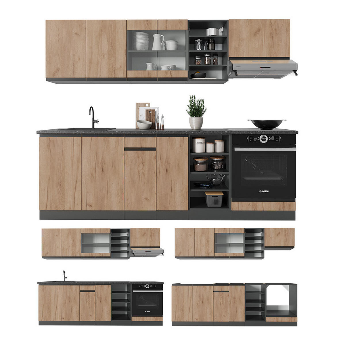 KÜCHENZEILE R-Line Goldkraft Eiche/Anthrazit 240 cm J-Shape - Anthrazit/Eiche Wotan, Holzwerkstoff (240/81.6/46cm) - Vicco