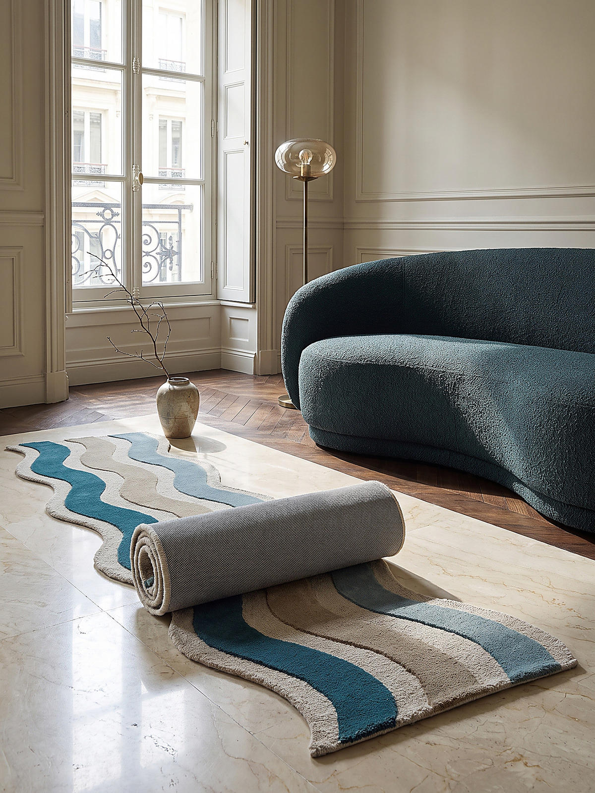 LÄUFER handgetuftet MONNOW, in Natur-Blau, Wellenstreifen, 80 x 300 cm - Beige, Textil (80/300cm) - KADIMA DESIGN