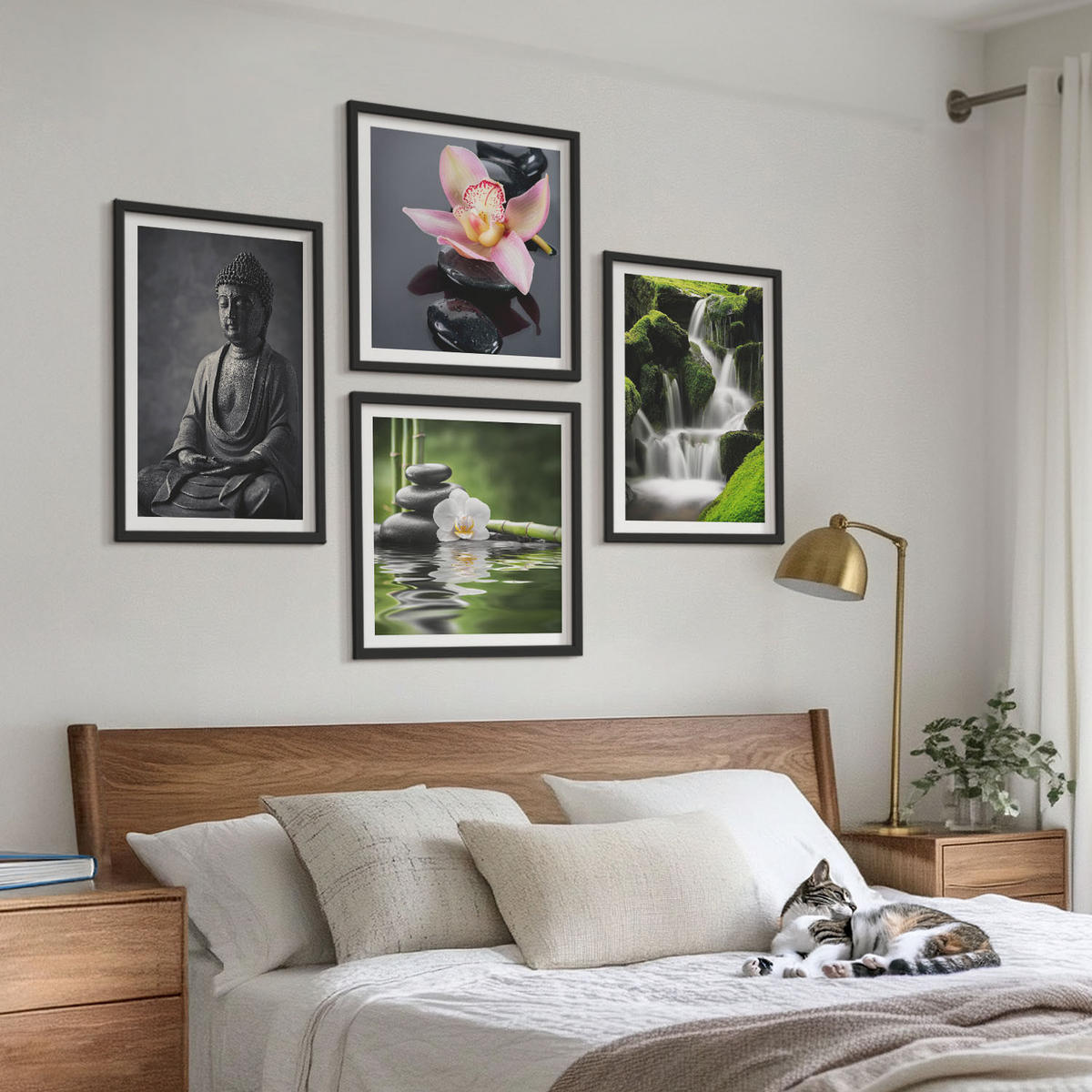 WANDBILDER 4er-Set - 50x50 cm & 40x60 cm Schwarzer Rahmen - Zen-Gemälde, Wassersteine, Buddha - Schwarz, Kunststoff (50/50cm) - ArtPrintCave
