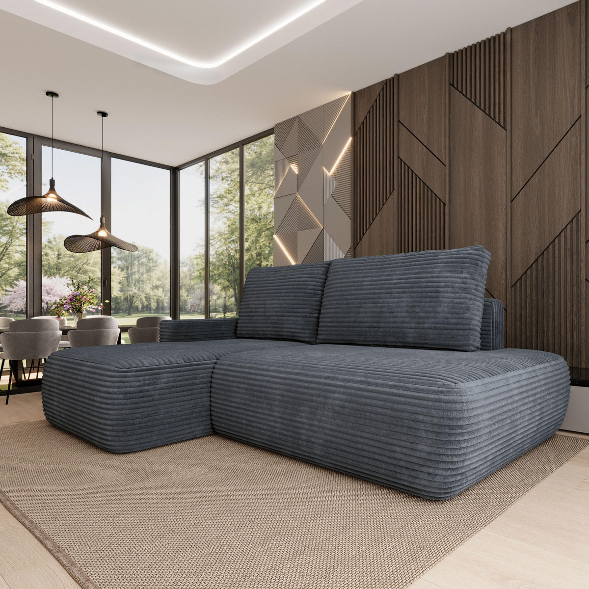 ECKSOFA AVINI T L-S Grau Kordstoff mit Schlaffunktion - Grau, Holzwerkstoff/Textil (277/160cm) - MASSENO