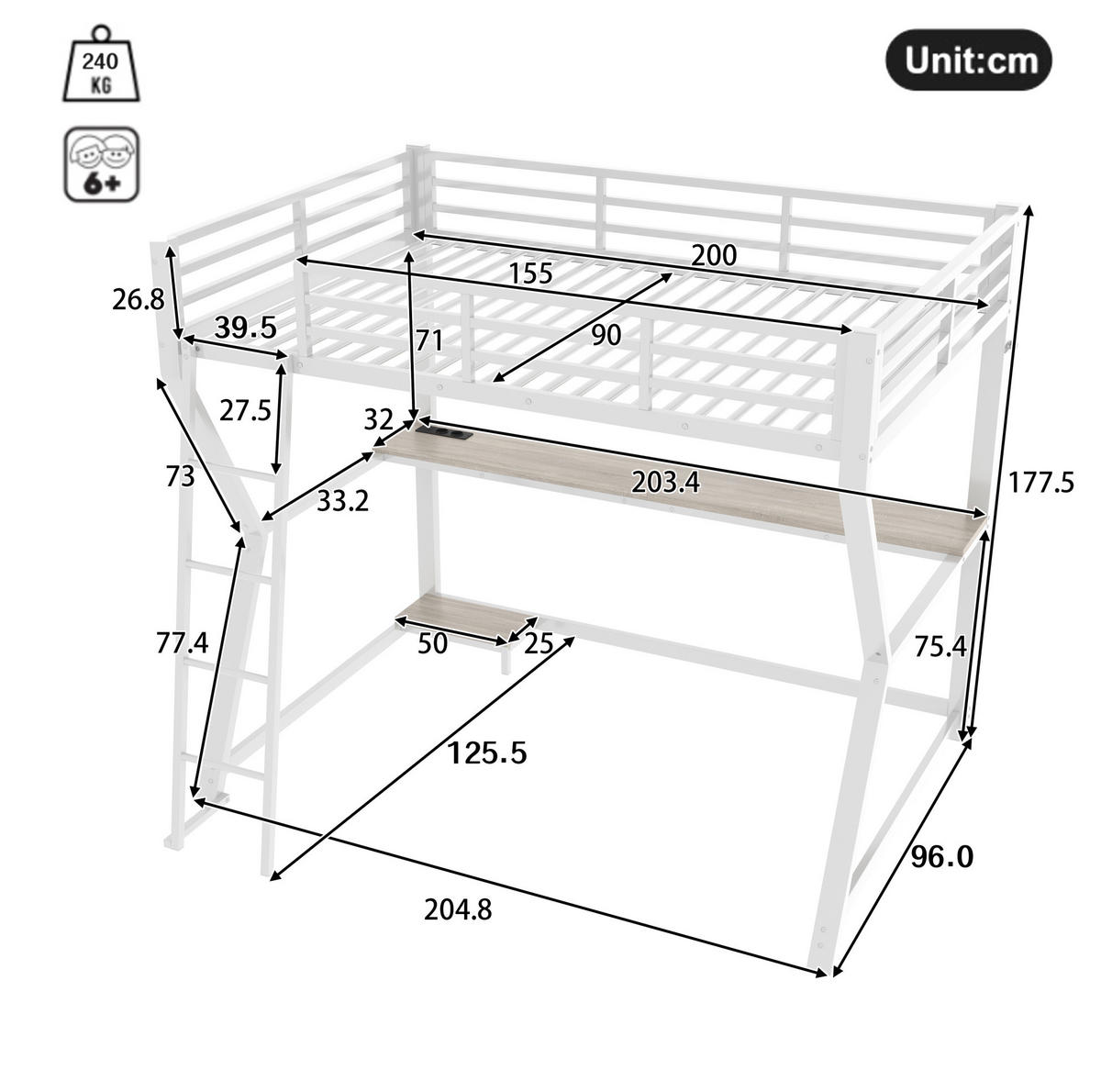 HOCHBETT 90/200 cm Weiß aus Metall mit LED-Beleuchtung Schreibtisch und Steckdose - Weiß, Metall (90/200cm) - OKWISH