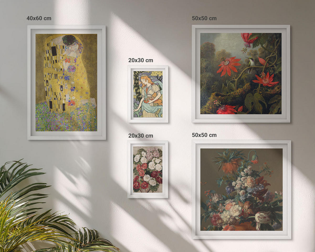 BILDER SET 5er Set - 50x50 cm & 20x30 cm & 40x60 cm Weißer Rahmen - Blumen des Baumes (Gemälde von Klimt) - Weiß, Kunststoff (40/60cm) - TULUP