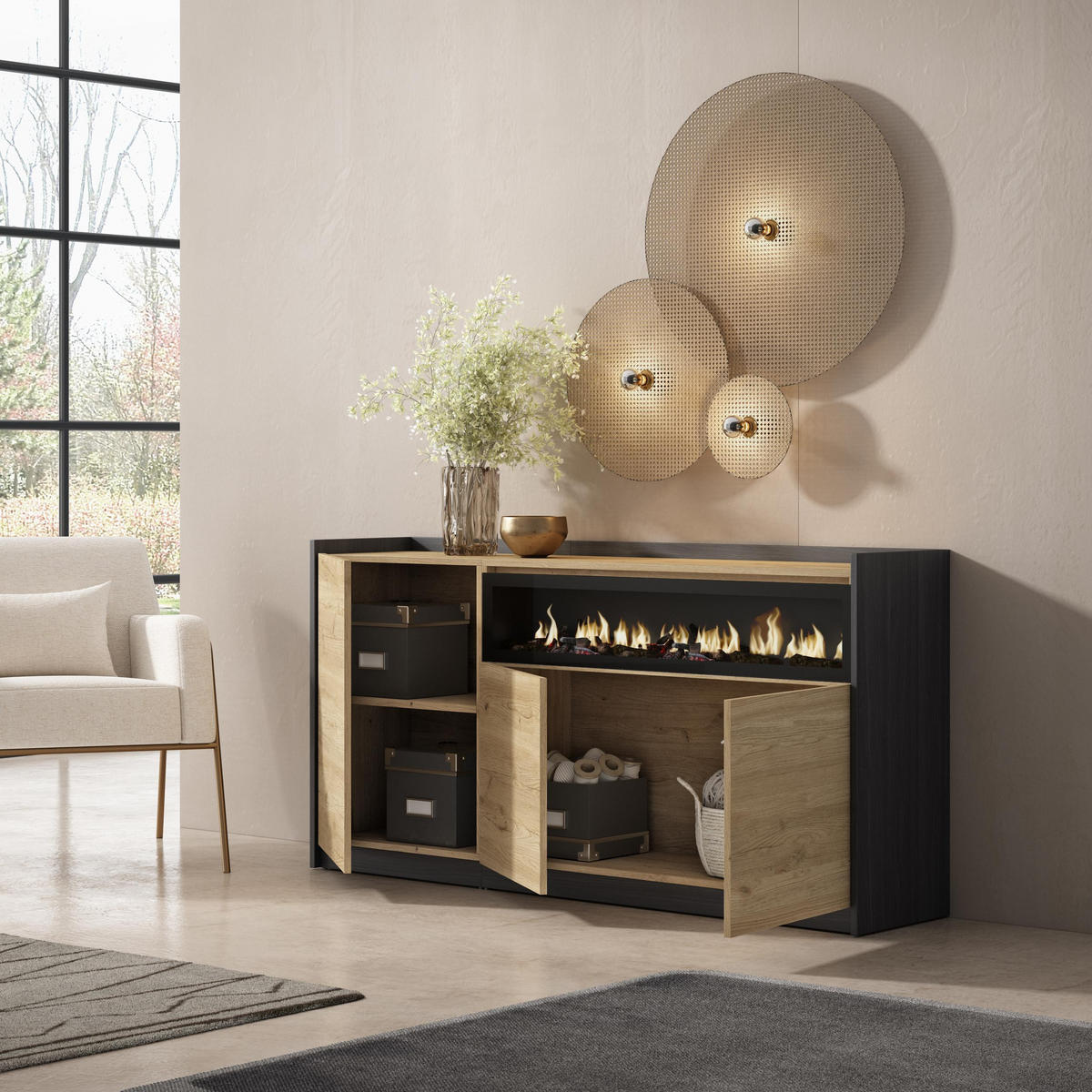 SIDEBOARD, Highboard, Eiche Schwarz, Elektrokamin, 156/37/80cm - Eichefarben, Holzwerkstoff (156/80/37cm) - Skraut Home