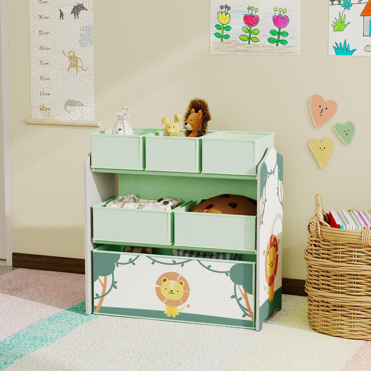 KINDERREGAL DE-17258 3 Ebenen & 6 herausnehmbare Stoffboxen Grün - Grün, Holzwerkstoff (63/66/30cm) - ComfortXL