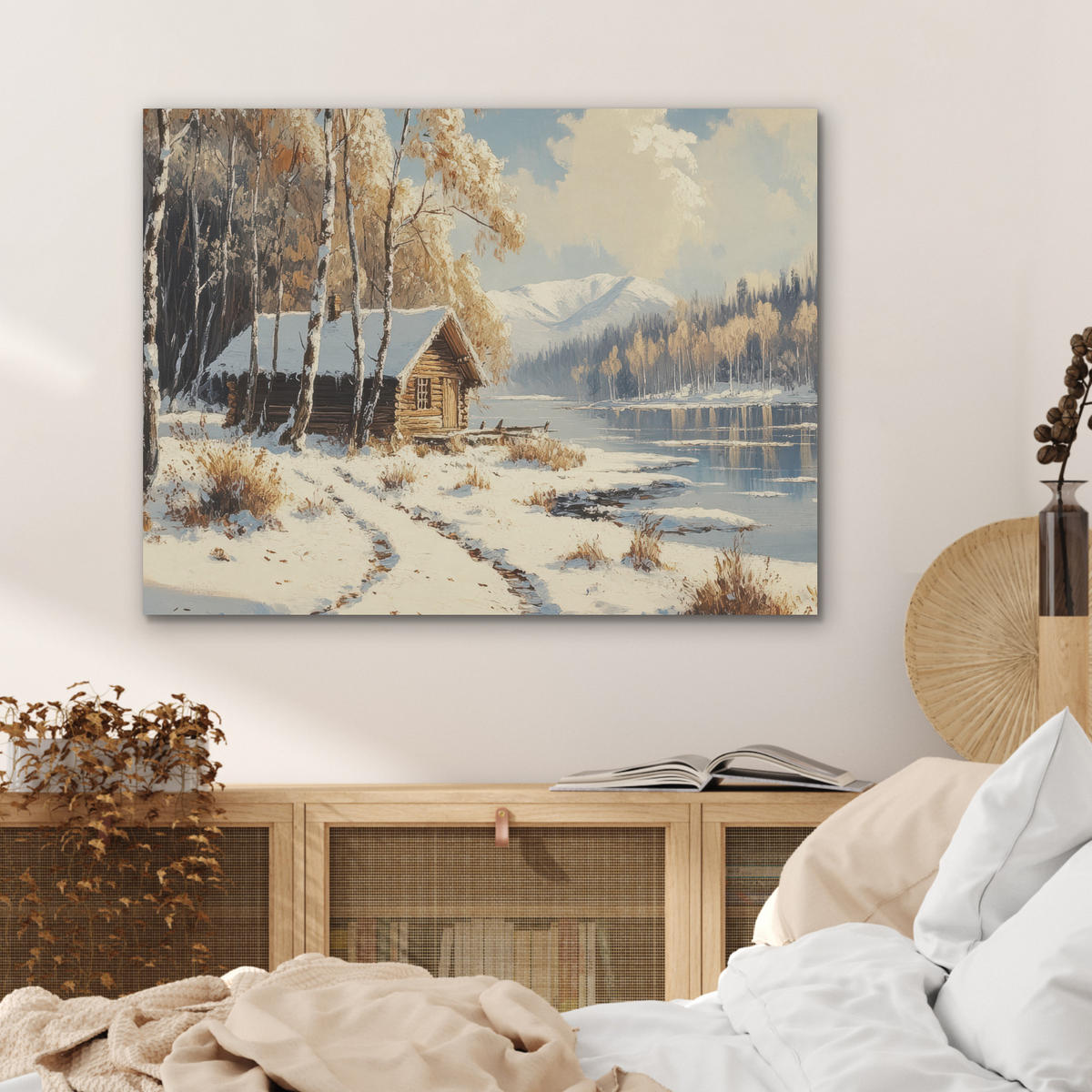 AKUSTIKPANEEL Winter - Schnee - Zuhause - Natur 80x60 cm - Hellbraun, Textil (80/0.9/60cm) - MuchoWow