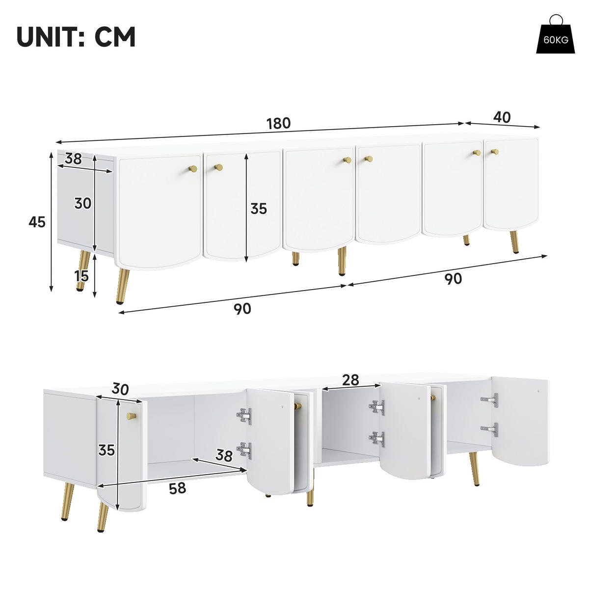 TV-LOWBOARD 180cm 6 Türen Gold Beine Weiß Modern - Multicolor, Holzwerkstoff (180/45/40cm) - FLIEKS