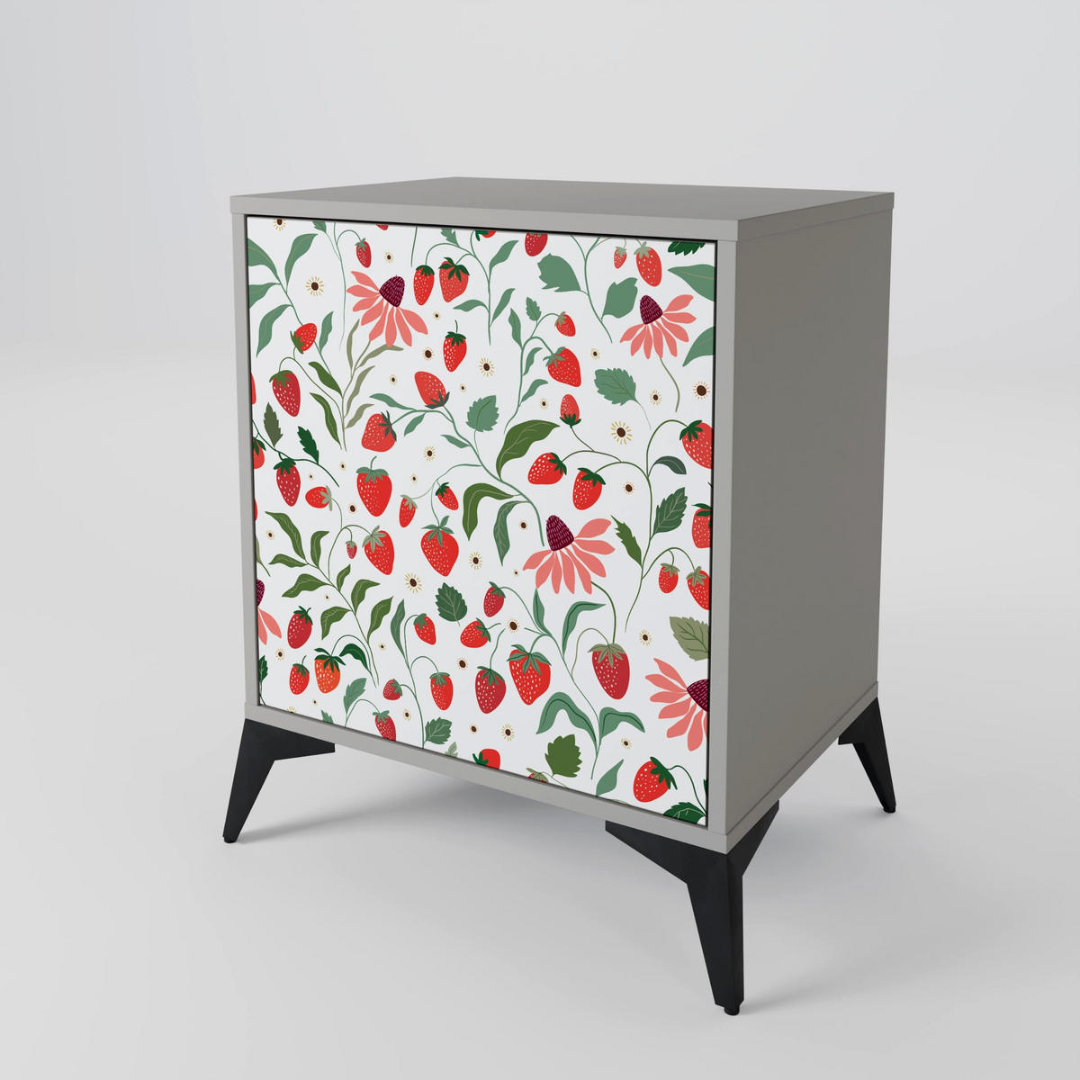 SIDEBOARD FLOWERS AND STRAWBERRIES, Grau, 57,5x42x75,5 cm, Goldfarbene Metallfüße - Goldfarben/Multicolor, Holzwerkstoff/Metall (57.5/75.5/42cm) - SpaceRebels