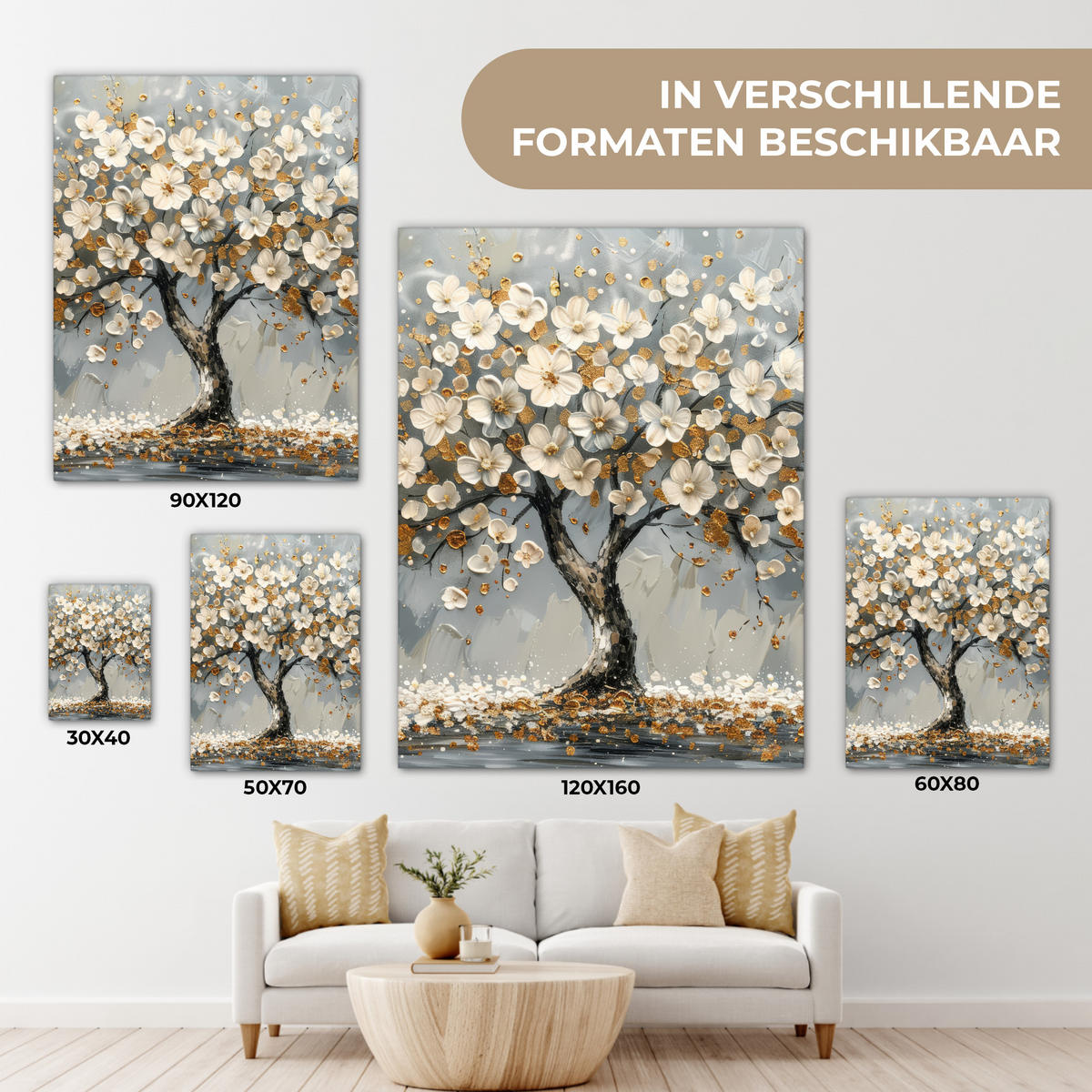 LEINWANDBILD Baum - Blumen - Weiß - Natur - Kunst Room Decor 30x40 cm - Weiß, Textil (30/40cm) - MuchoWow