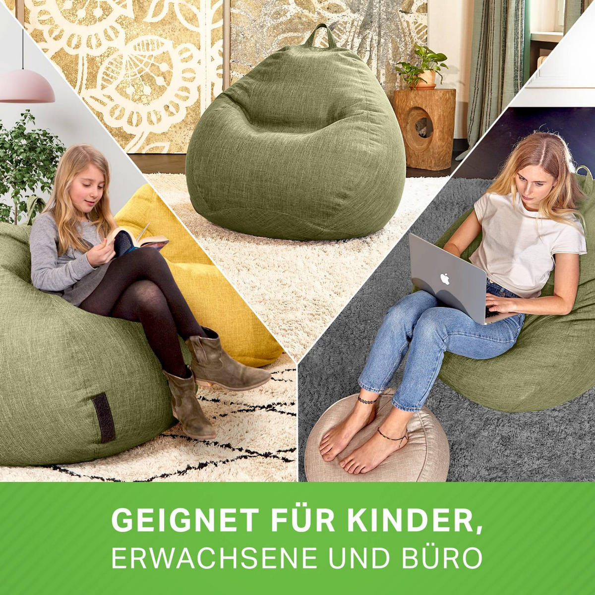 SITZSACK Indoor "Home Linen" - 200 Liter - Grün, Textil (80/90/50cm) - Green Bean