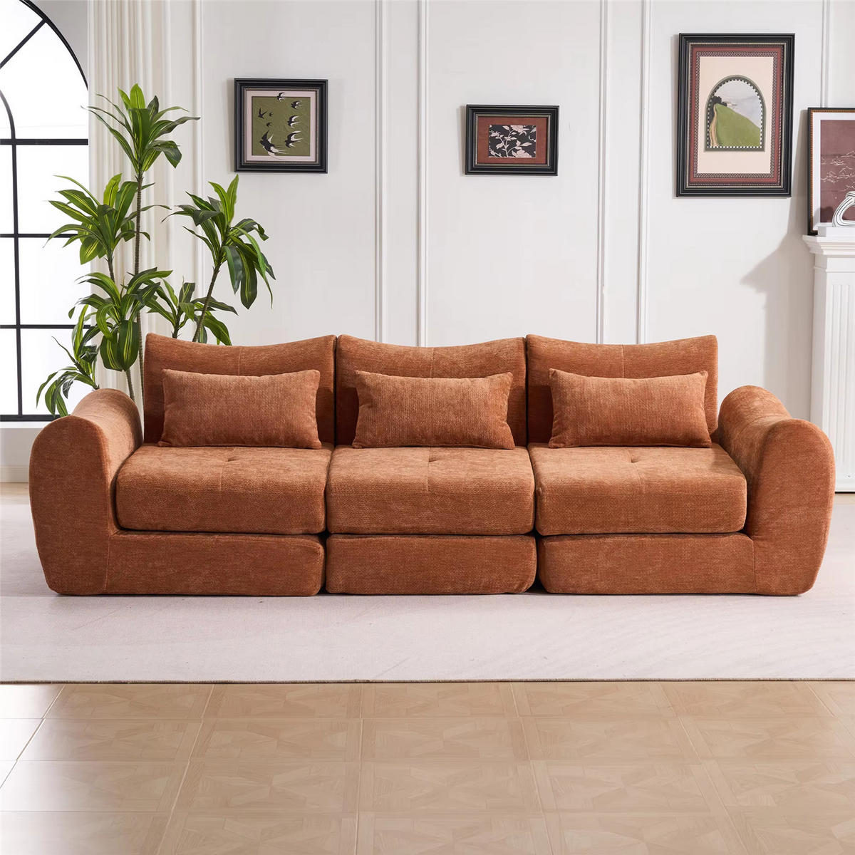 SCHLAFSOFA 3-Sitzer Chenille, Bequemes Kompressionssofa, Orange - Orange, Textil (262/78/97cm) - Kaket